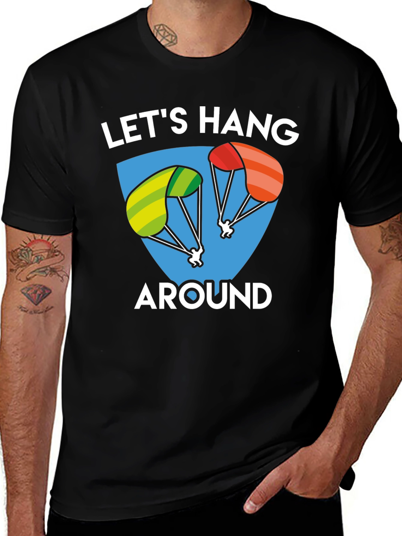 Variant 22 of Let's Hang Around T-Shirt - Parachuting Design