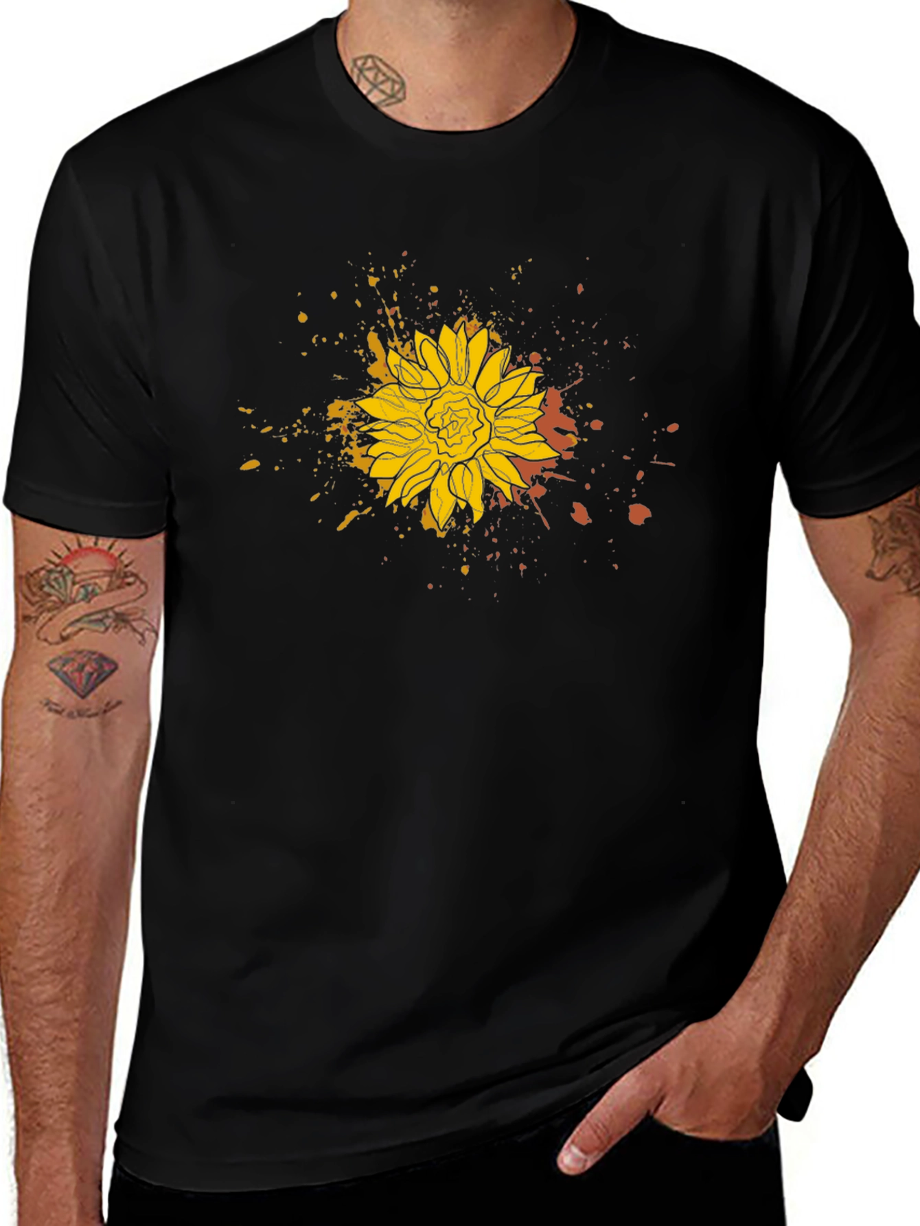 Variant 27 of Sunflower Splatter Print Black Tee