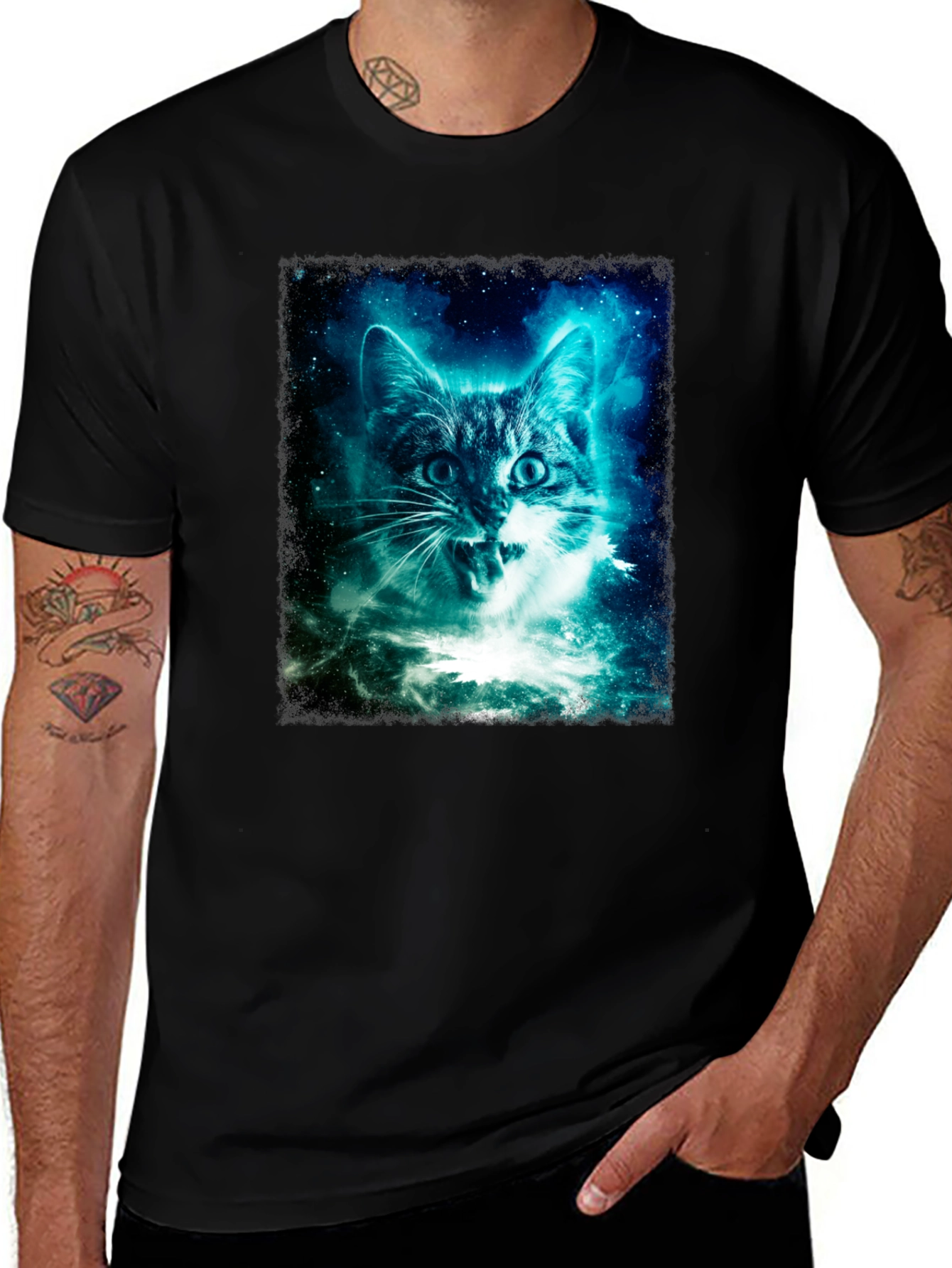 Variant 2 of Cosmic Cat Graphic Tee - Men's Black T-Shirt
