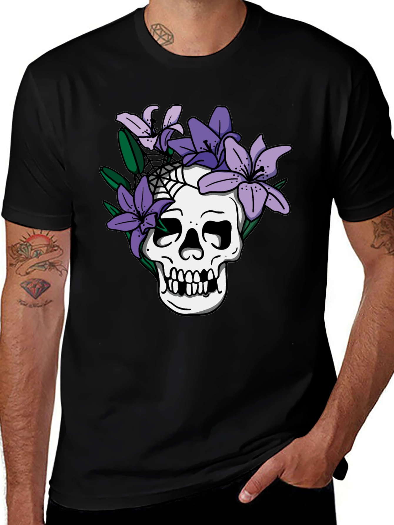 Variant 19 of Skull & Lilies Graphic T-Shirt - Dark Aesthetic Tee