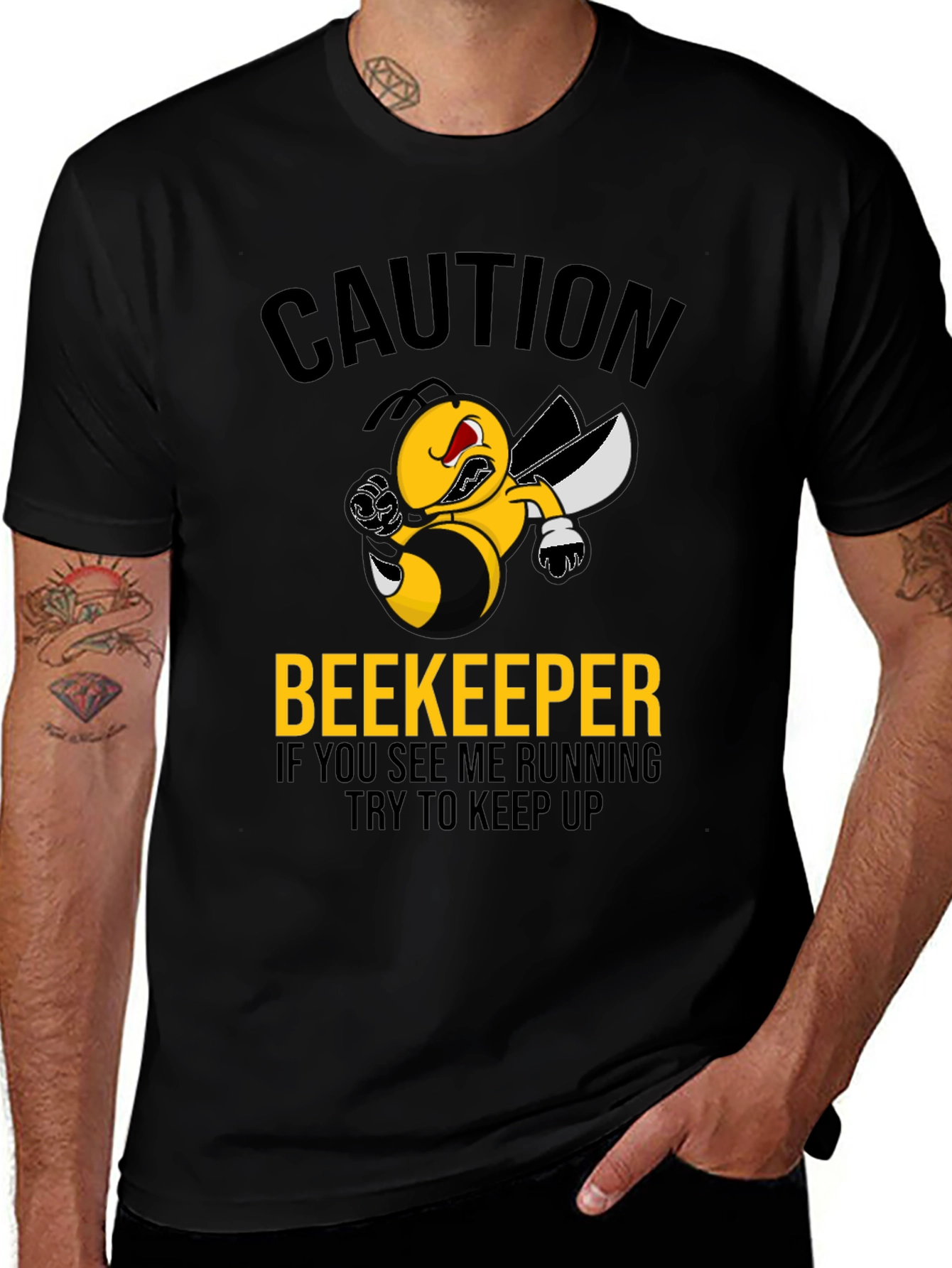 Variant 13 of Caution Beekeepers Funny Running Bee T-Shirt