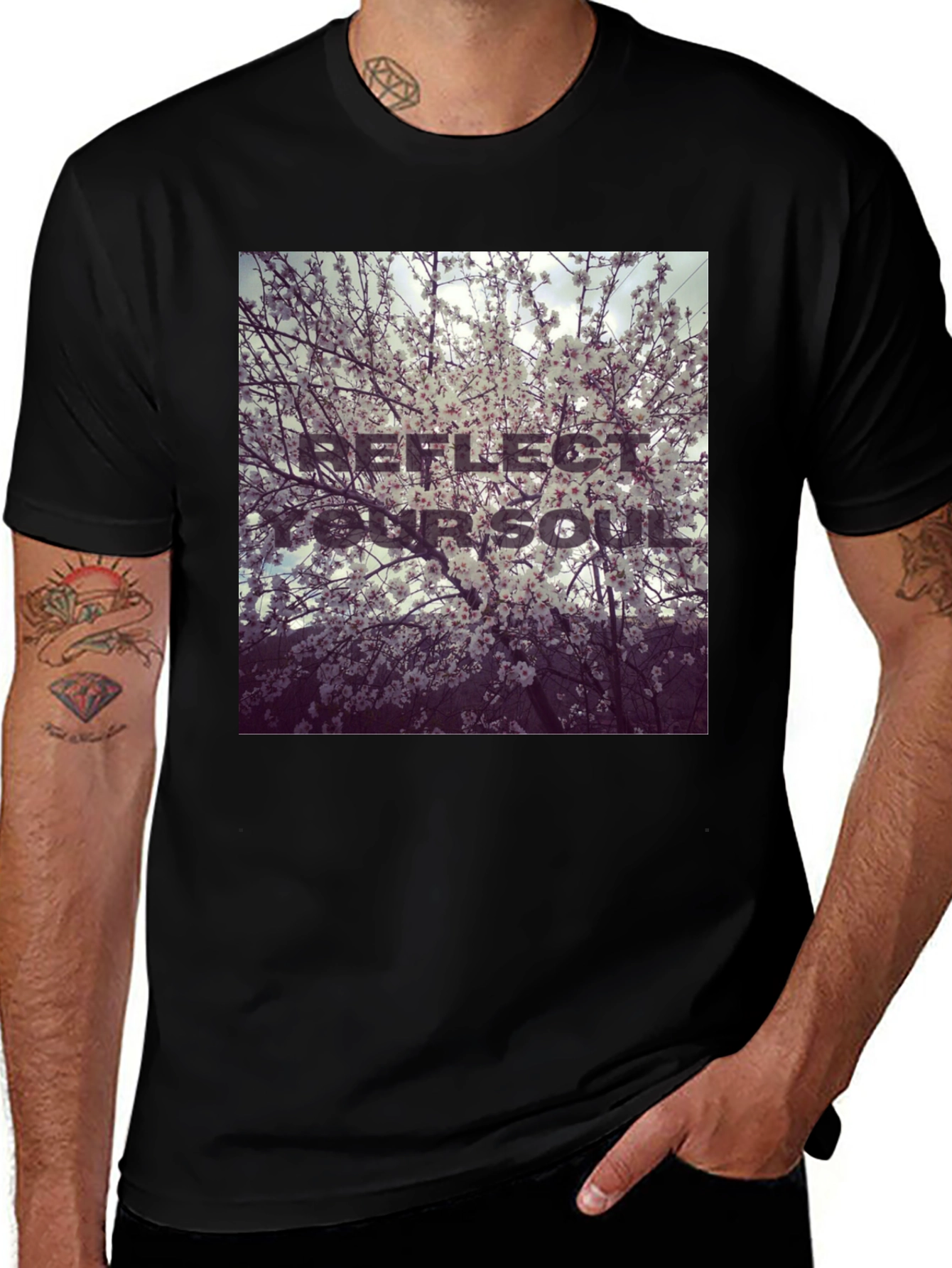 Variant 16 of Reflect Your Soul Black T-Shirt Blossom Design