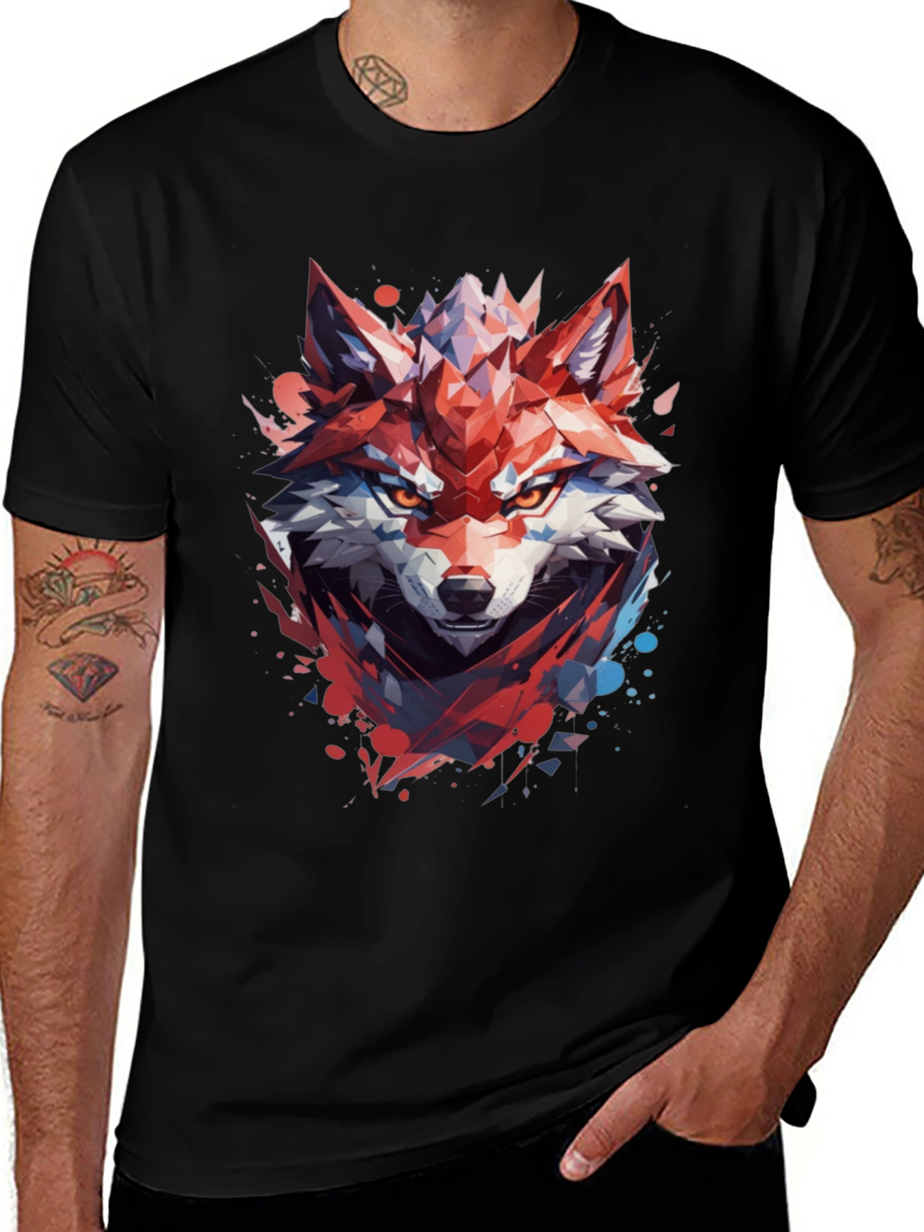 Variant 19 of Geometric Wolf Graphic Black T-Shirt