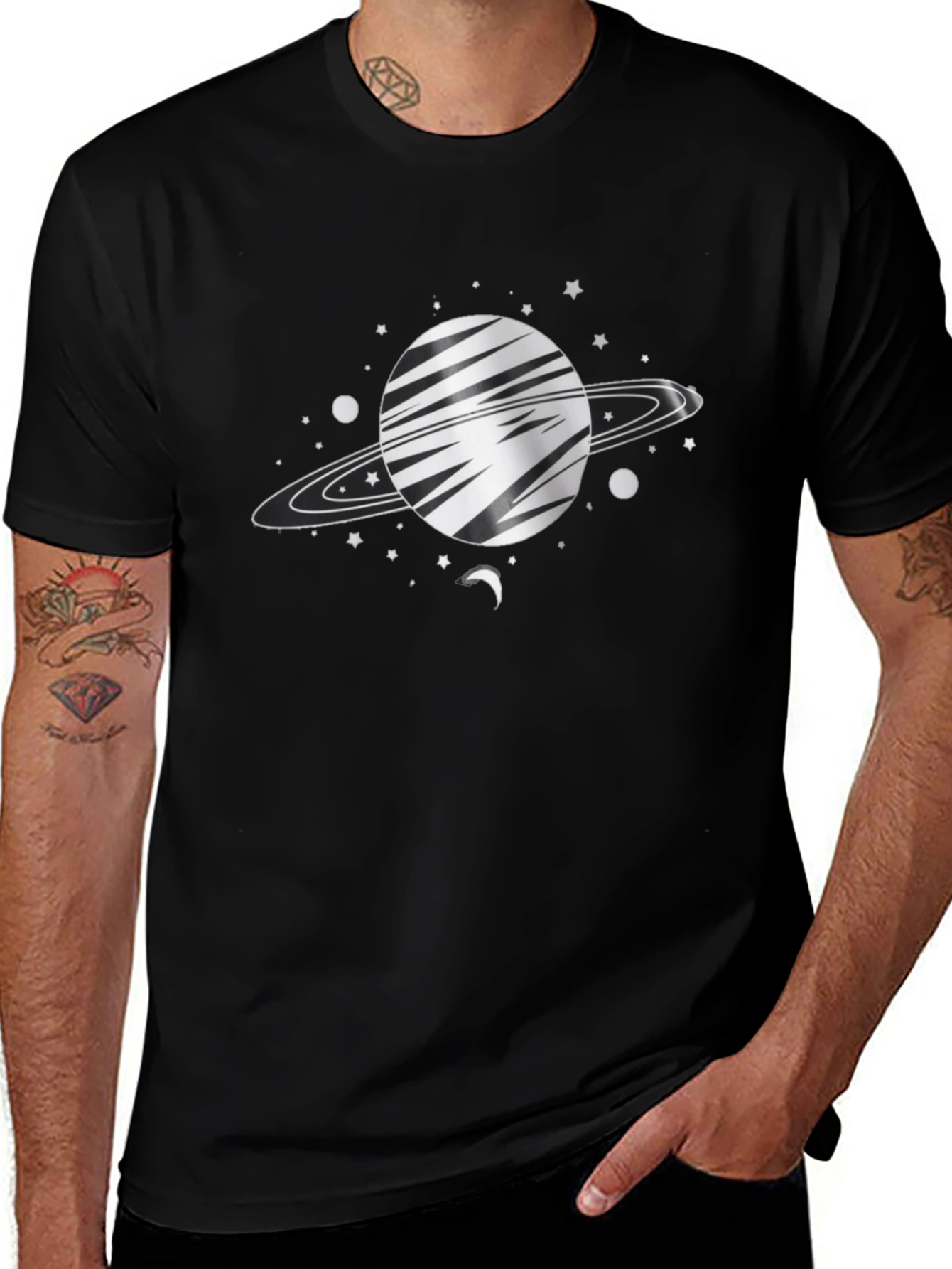 Variant 26 of Space Saturn Graphic Tee - Black Cotton Blend