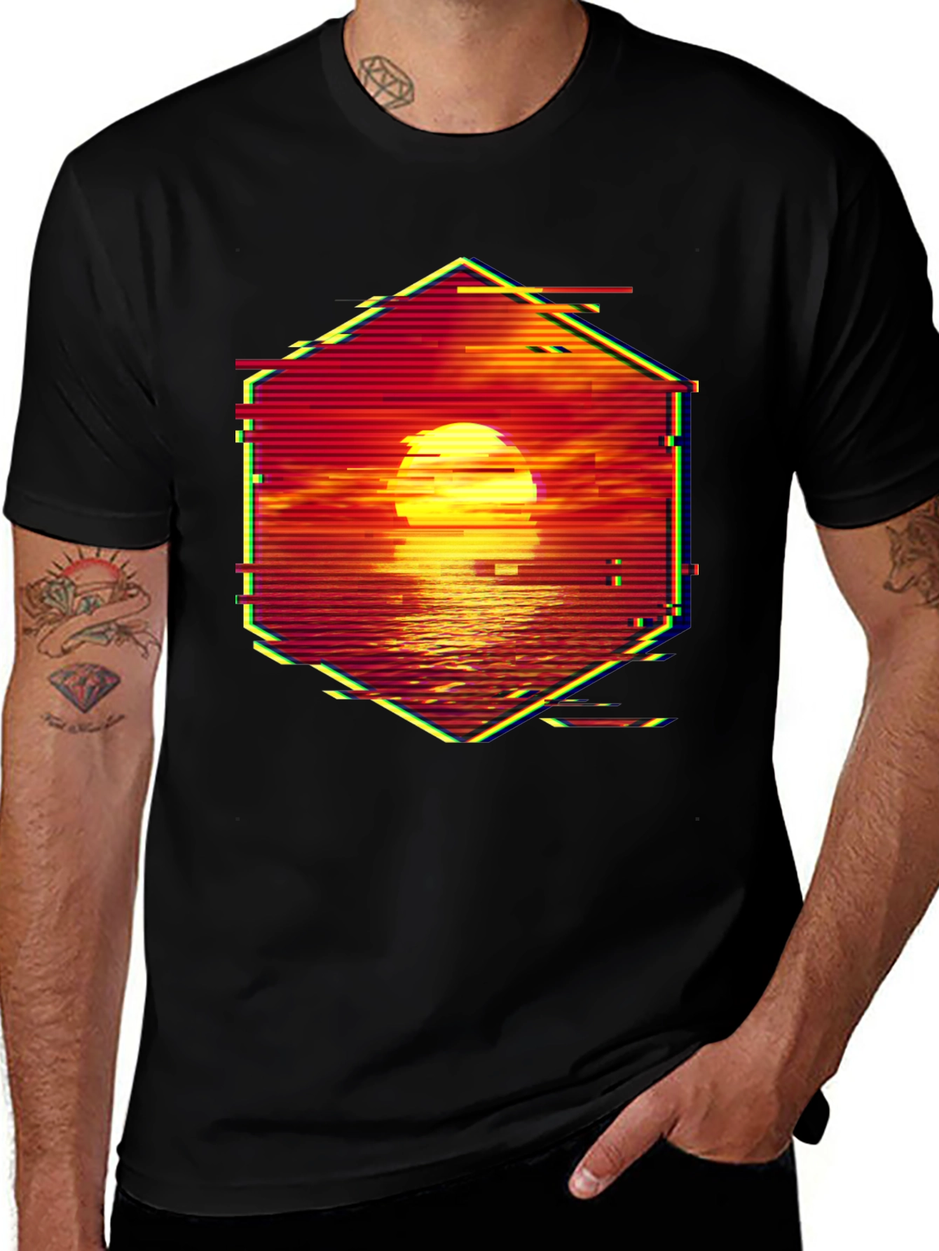 Variant 21 of Sunset Hex Glitch T-Shirt - Retro Wave Graphic Tee