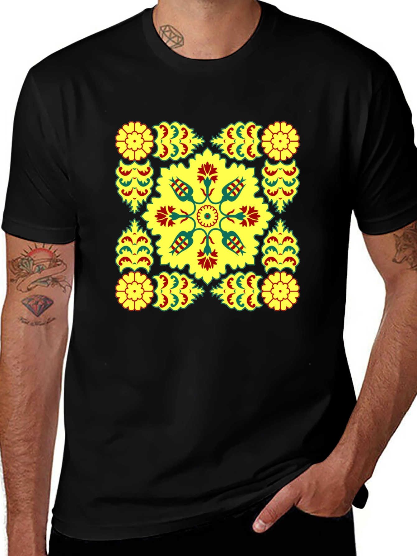 Variant 12 of Geometric Floral Print Black T-Shirt