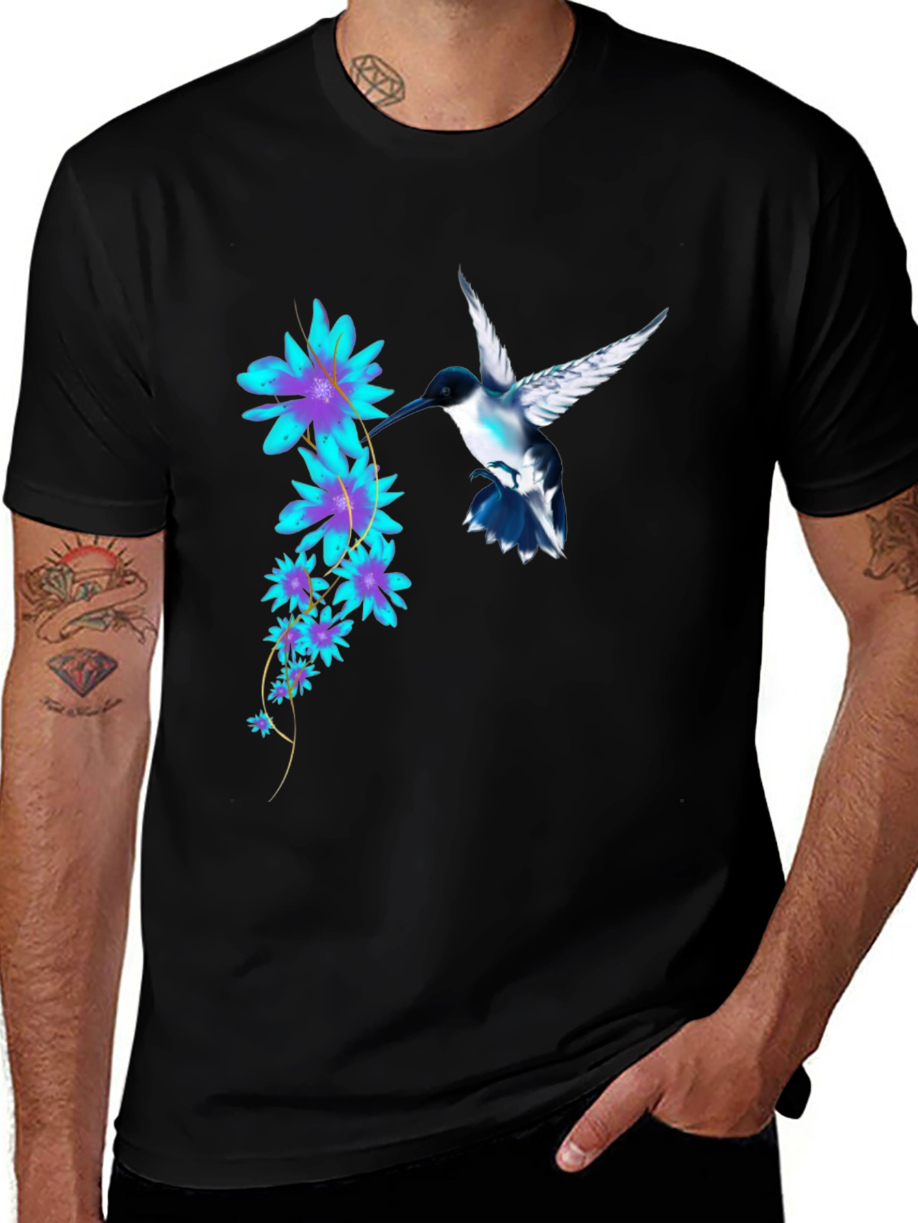Variant 9 of Hummingbird & Floral Print Black T-Shirt