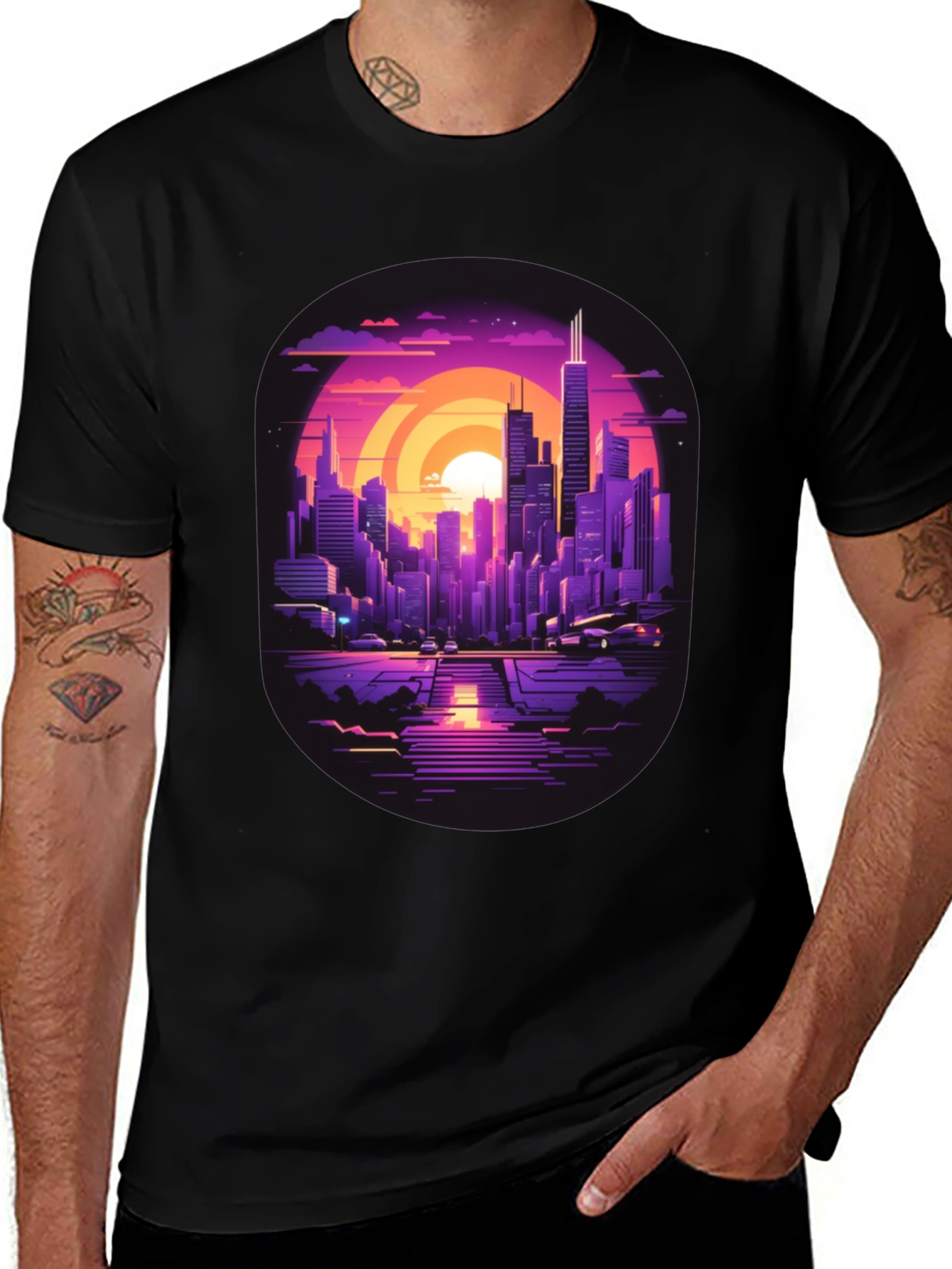 Variant 17 of Sunset Skyline Graphic Tee - Retro Cityscape Shirt