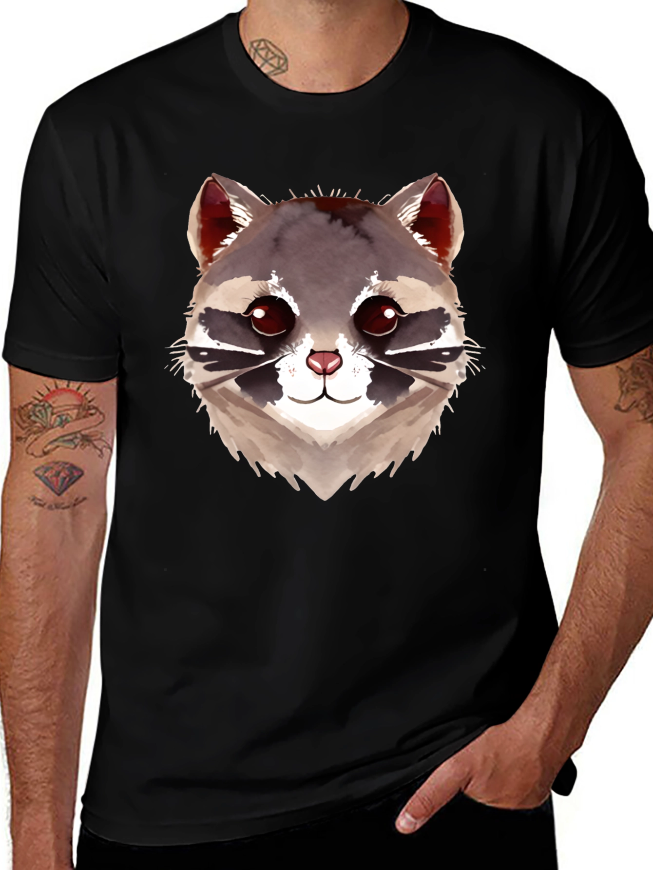 Variant 30 of Cute Raccoon Graphic Black T-Shirt