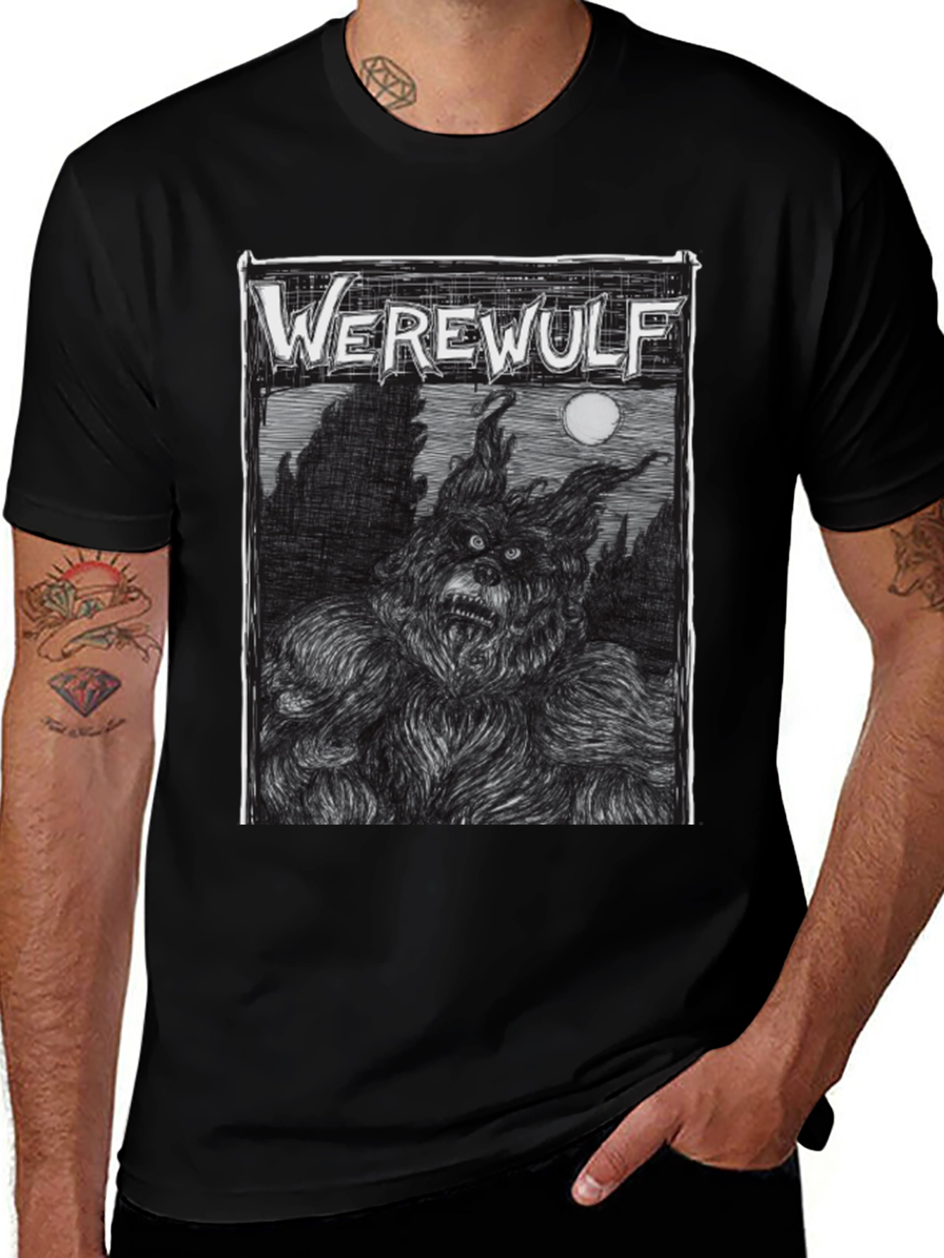 Variant 14 of Werewolf Graphic Print Black T-Shirt