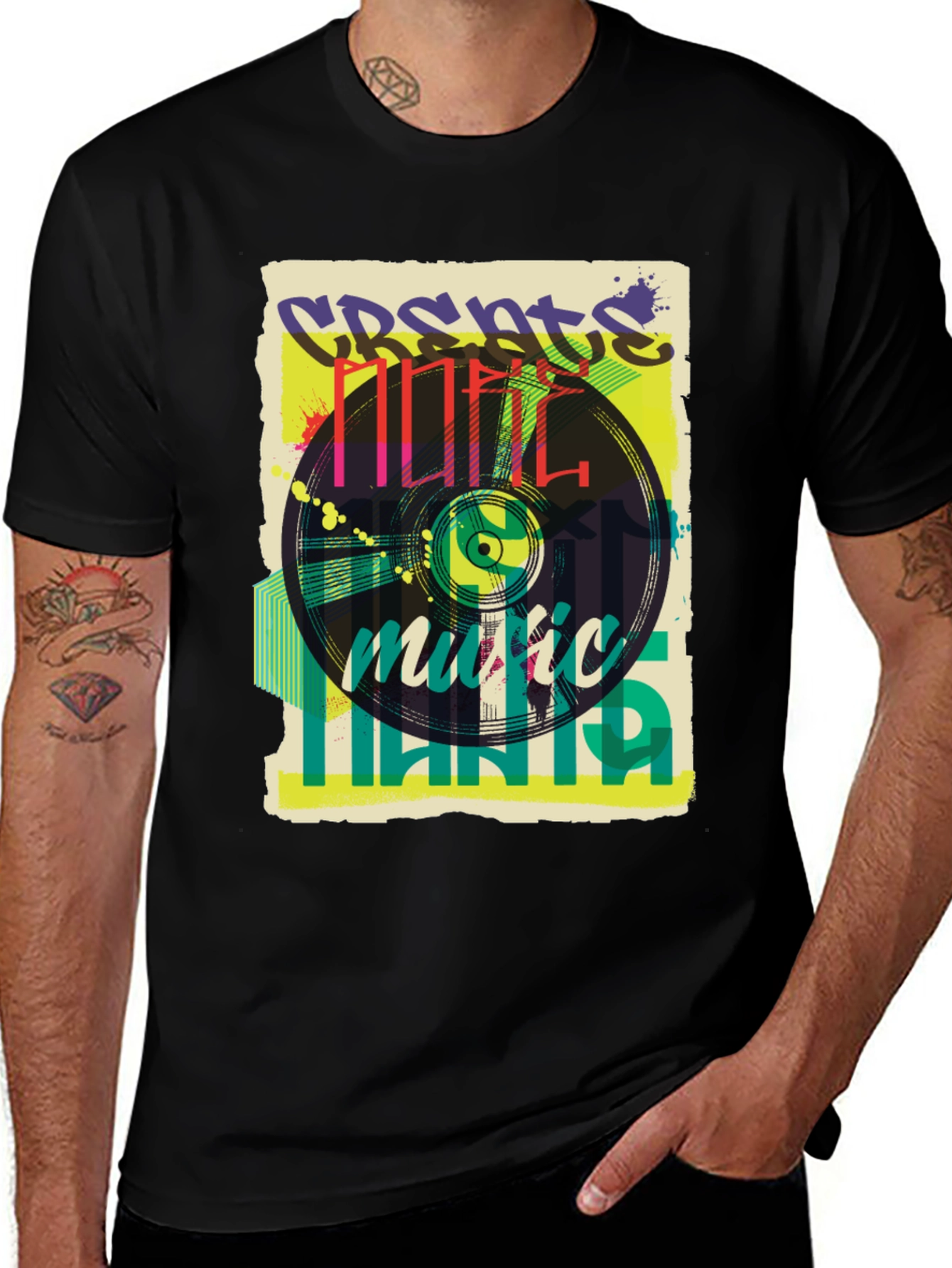 Variant 9 of Create More Music Black Graphic Tee - Stylish Vinyl Record Design