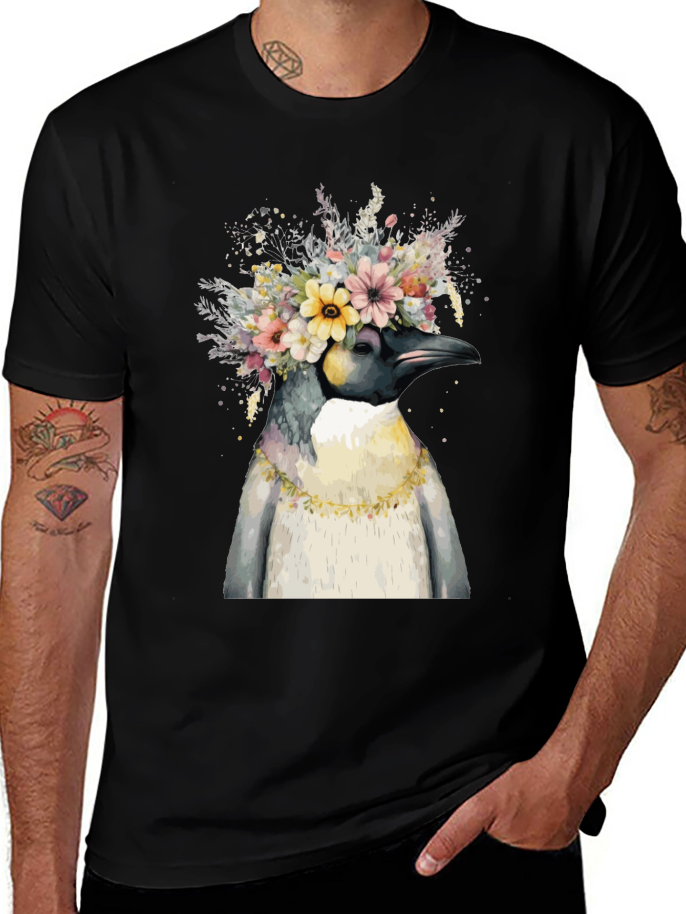 Variant 8 of Penguin Flower Crown T-Shirt - Black Cotton Tee
