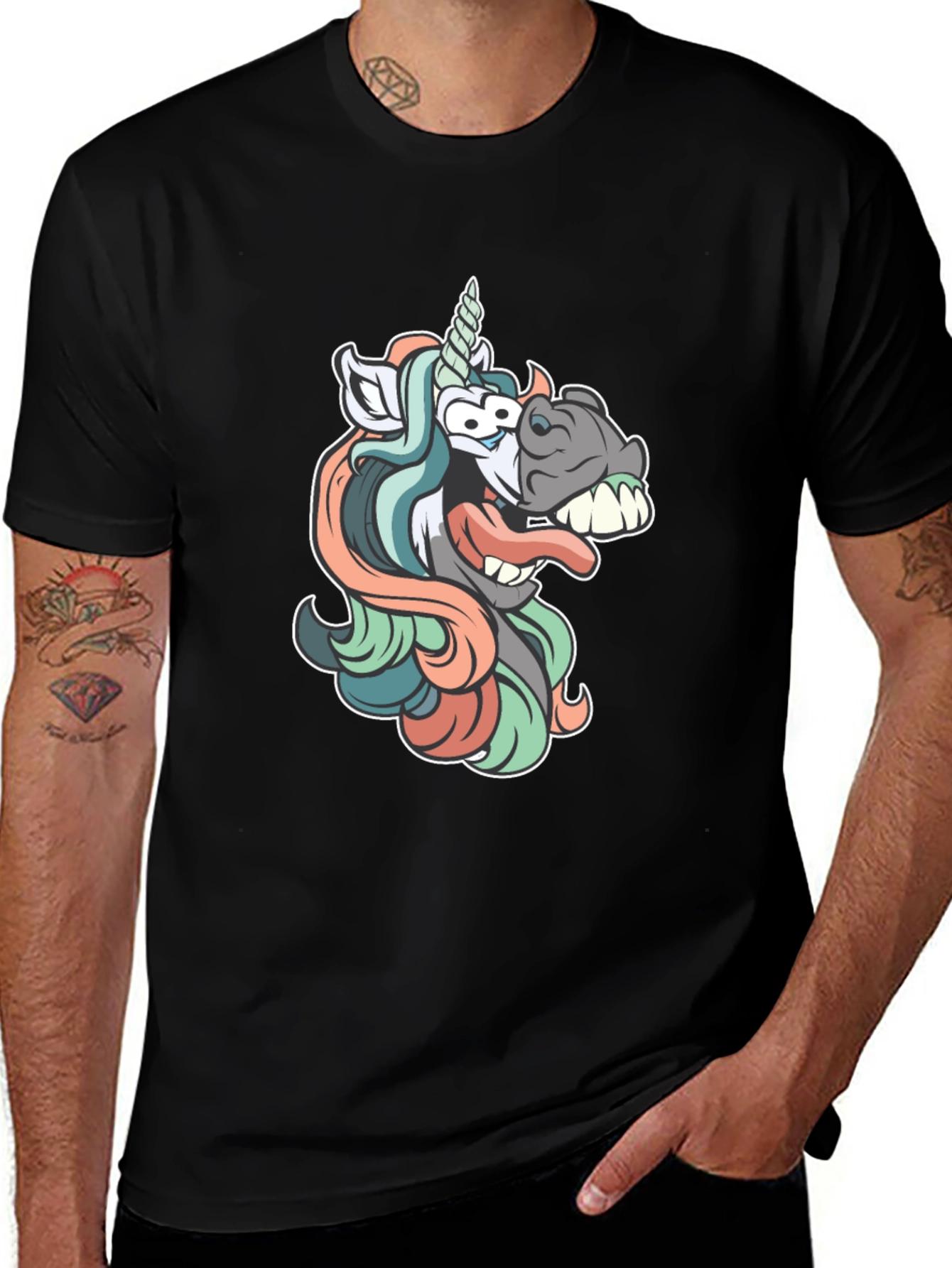 Variant 5 of Unicorn Cartoon Graphic Black T-Shirt