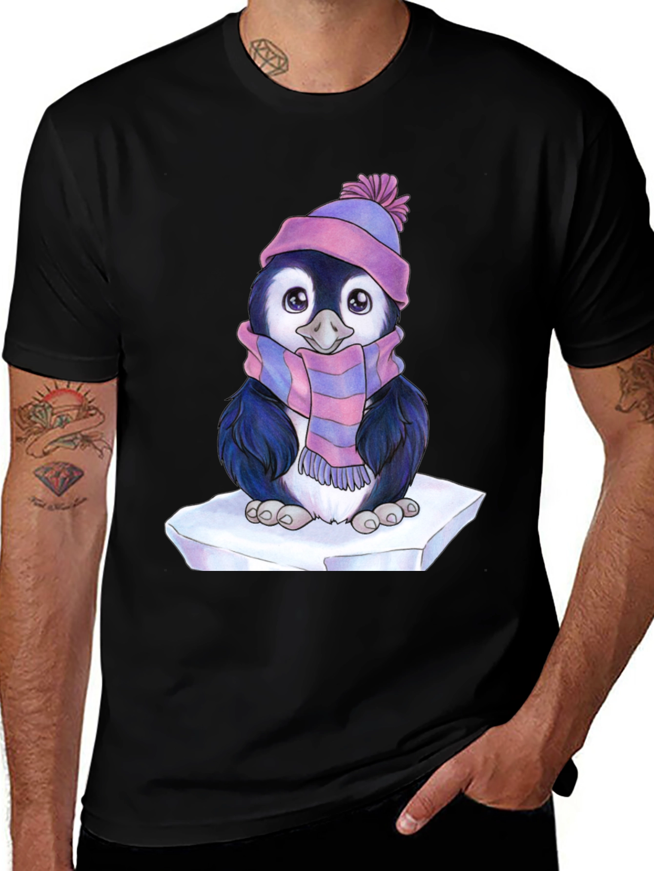 Cute Penguin Graphic Tee - Black Cotton Blend Shirt