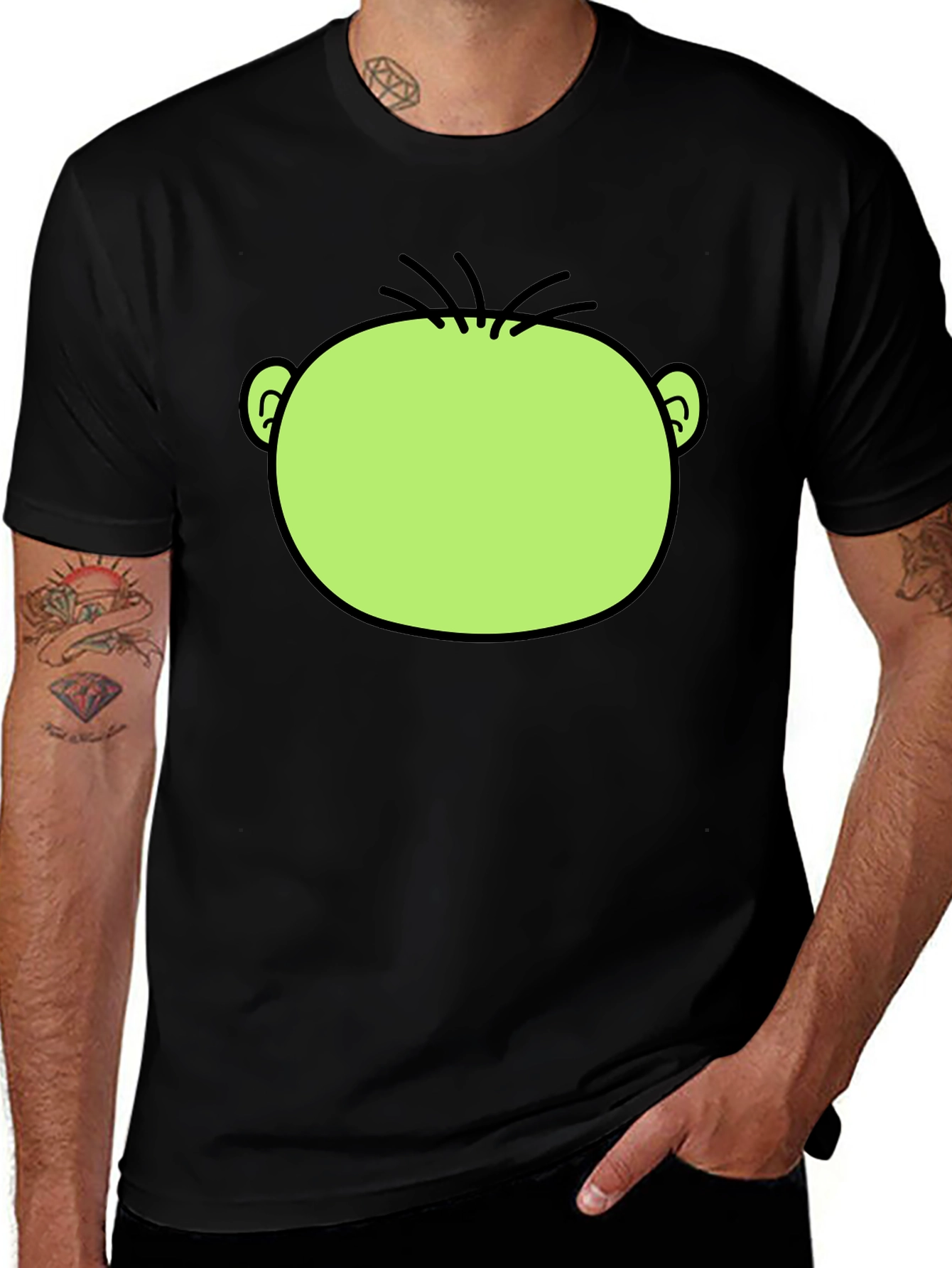 Variant 9 of Funny Green Cartoon Face Graphic Black T-Shirt