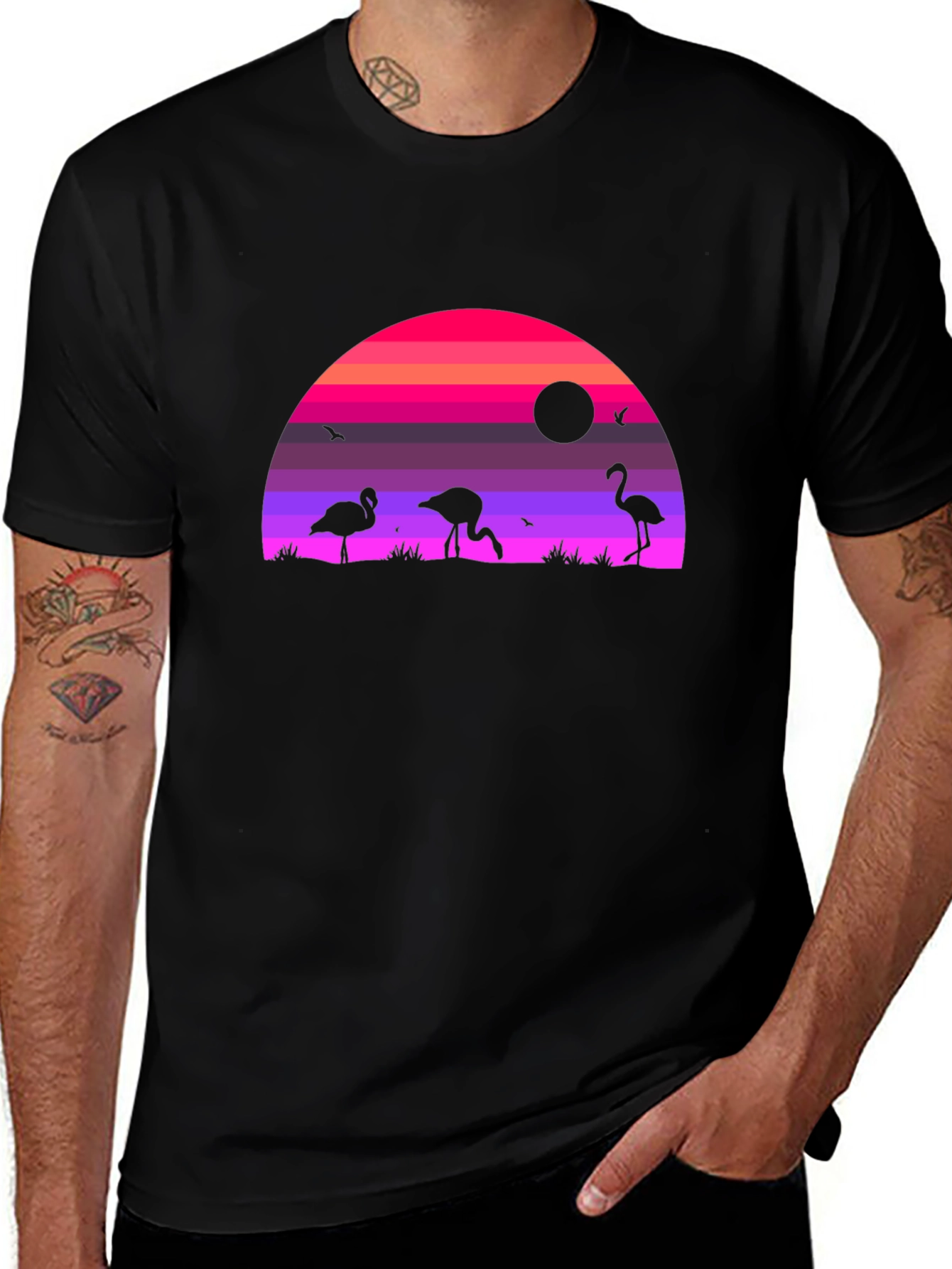 Variant 15 of Flamingo Sunset Graphic Tee - Black Cotton Shirt
