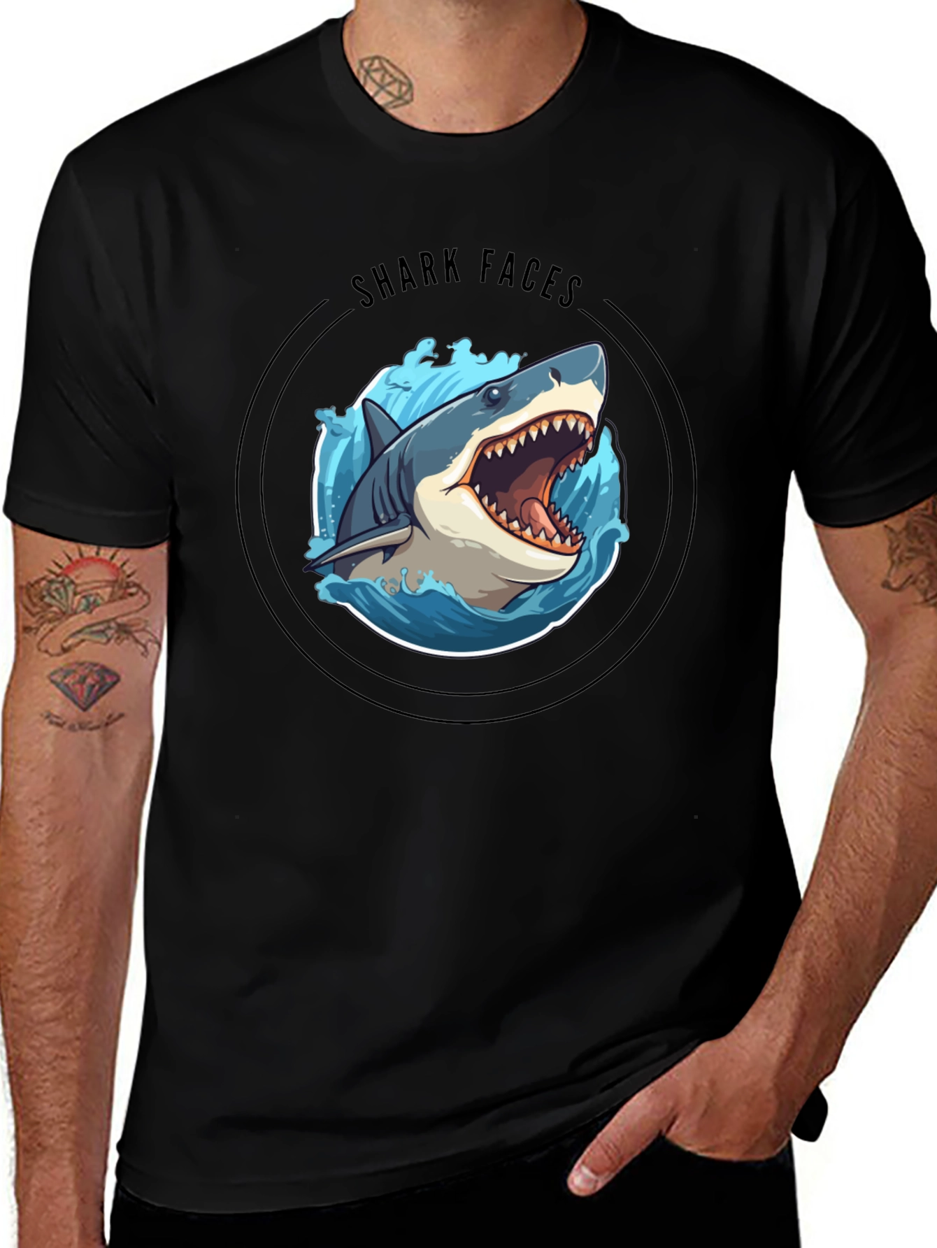 Variant 24 of Shark Faces Graphic Black T-Shirt