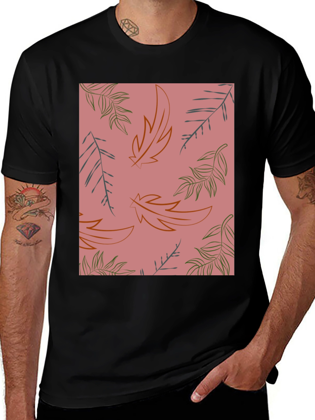 Black Botanical Leaf Print T-Shirt - Trendy Casual Wear main image