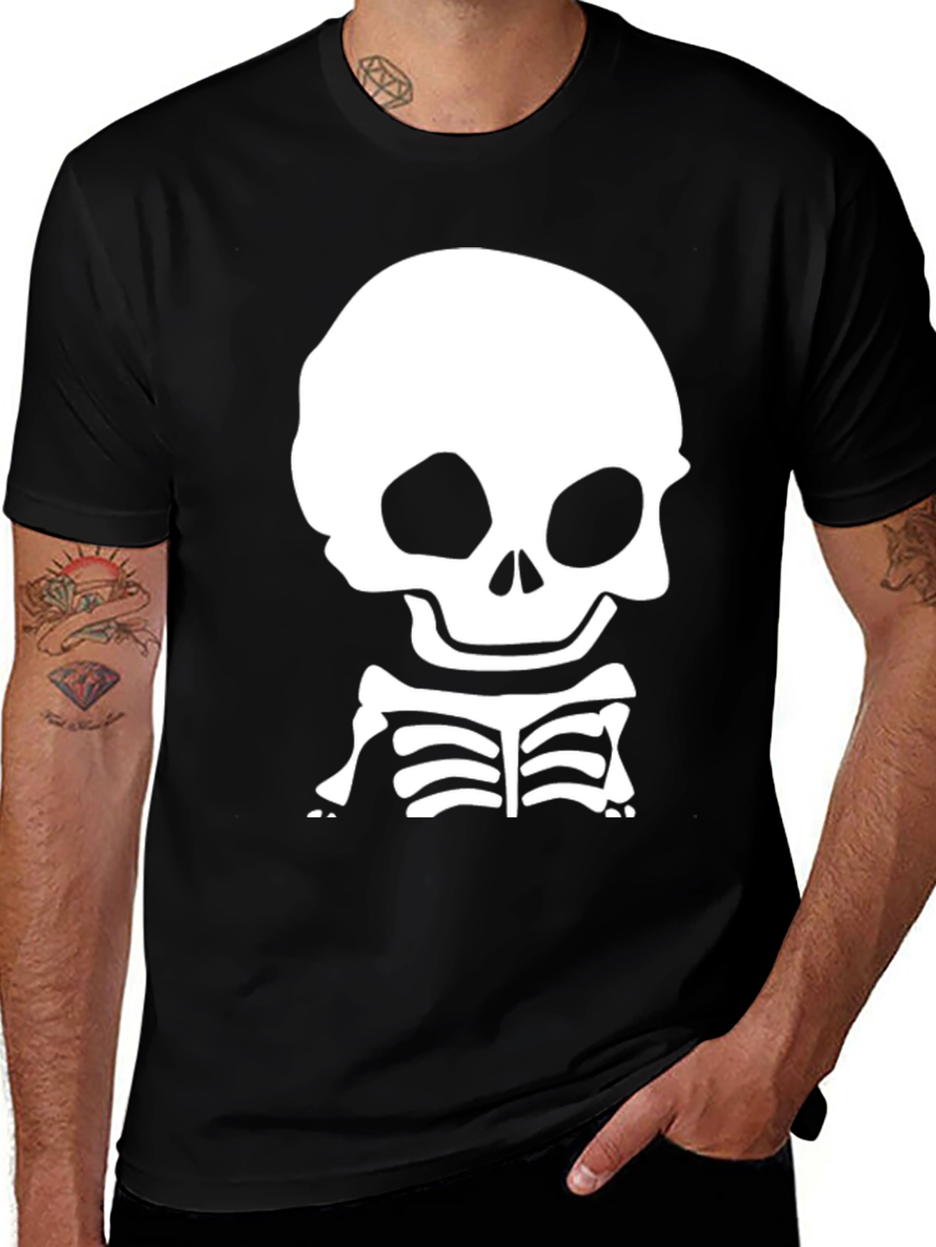 Variant 22 of Men's Black T-Shirt with White Cartoon Skeleton