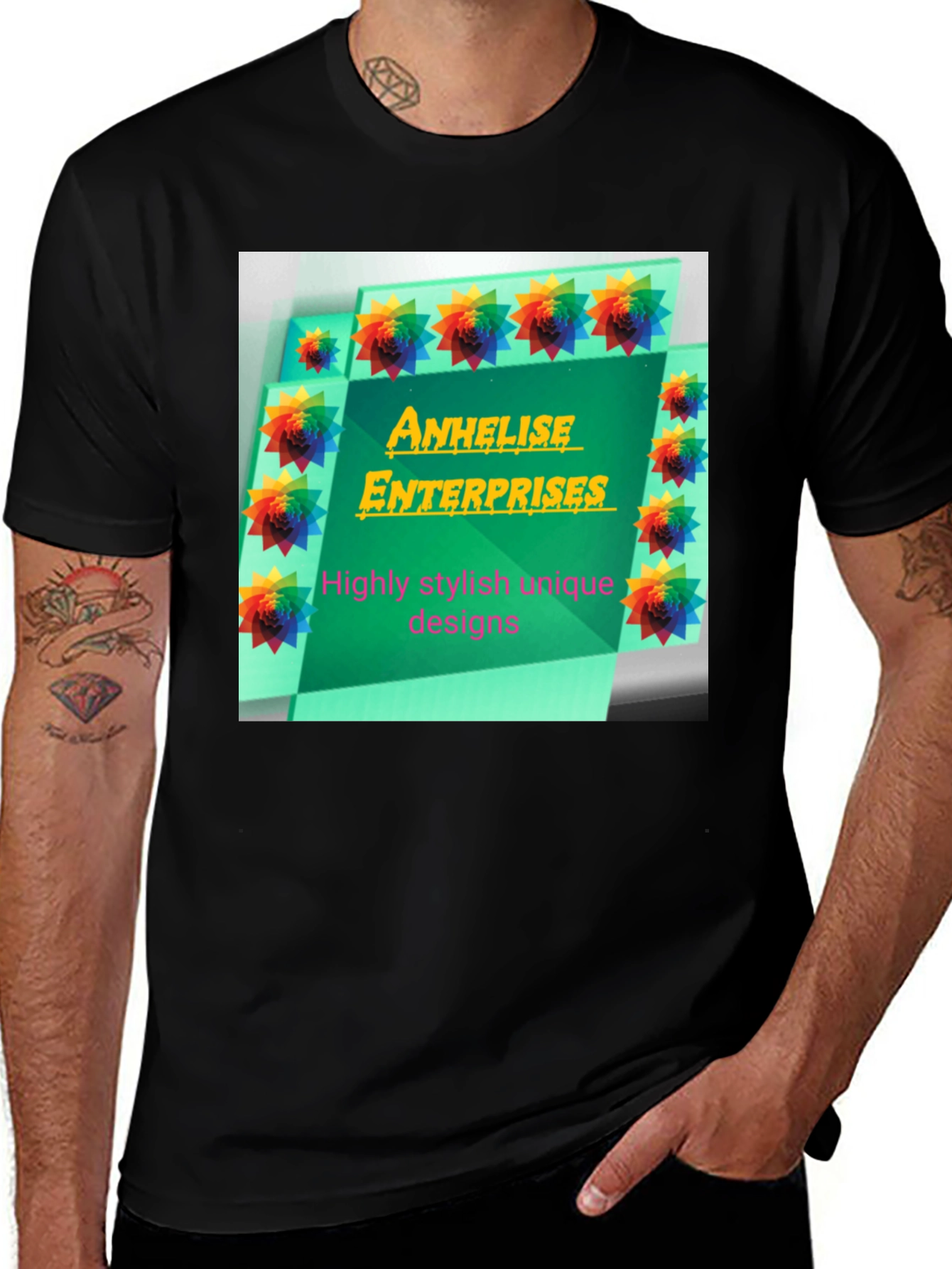 Variant 5 of Stylish Black Tee with 'Anhelise Enterprises' Design