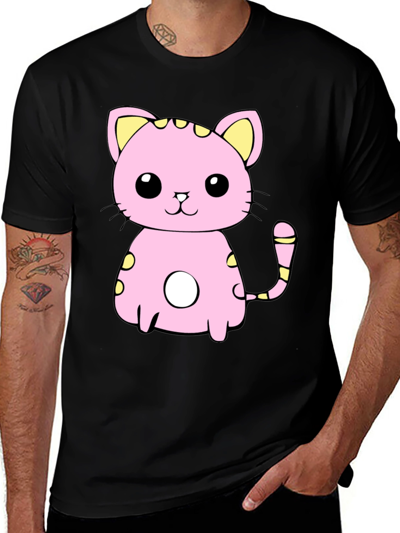 Variant 10 of Cute Pink Cartoon Cat Graphic Black T-Shirt