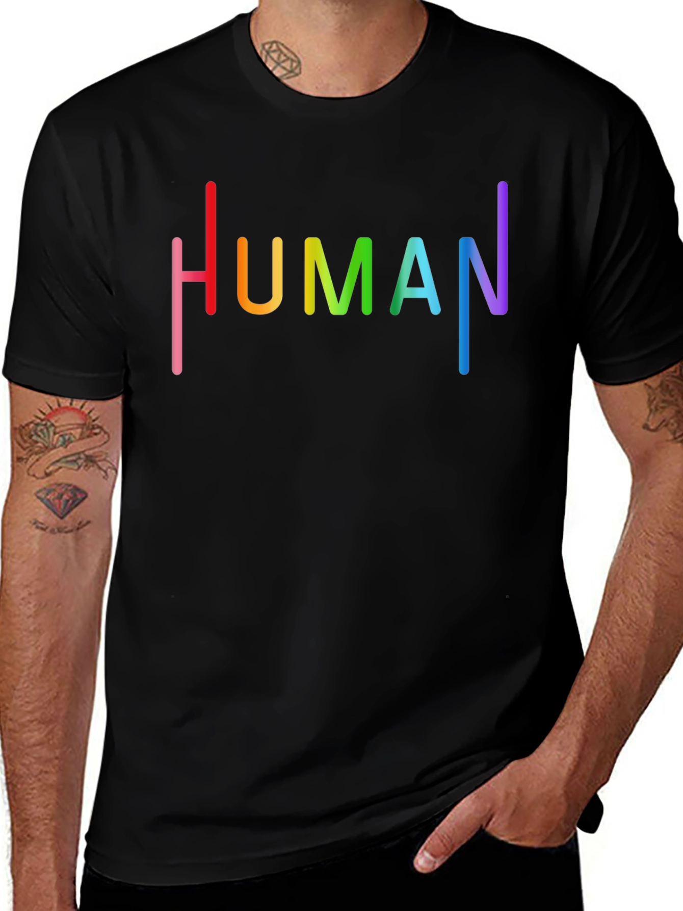Variant 14 of Human Pride Rainbow Text Graphic Black T-Shirt