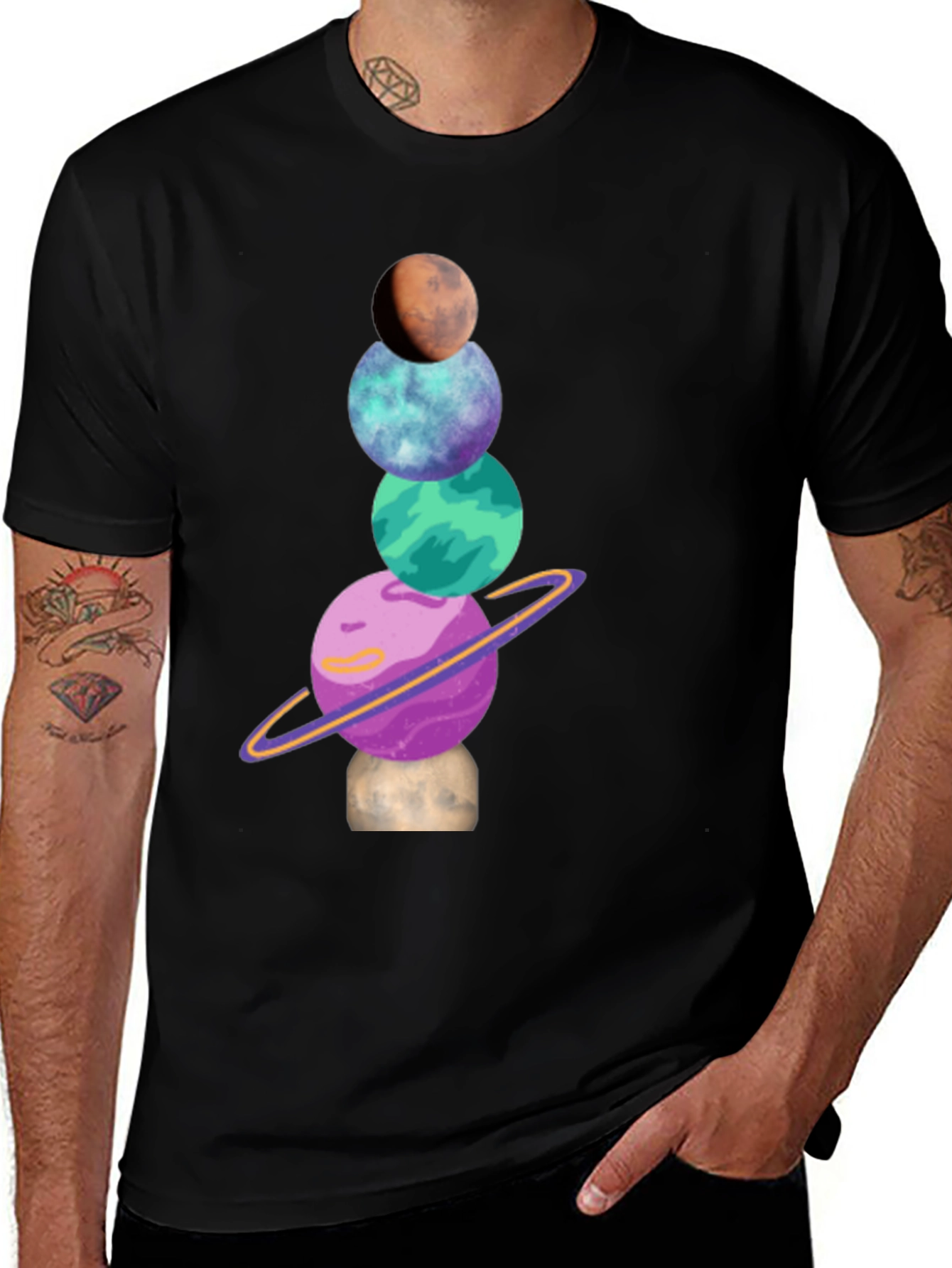 Planets Stack Graphic Tee - Trendy Space Shirt
