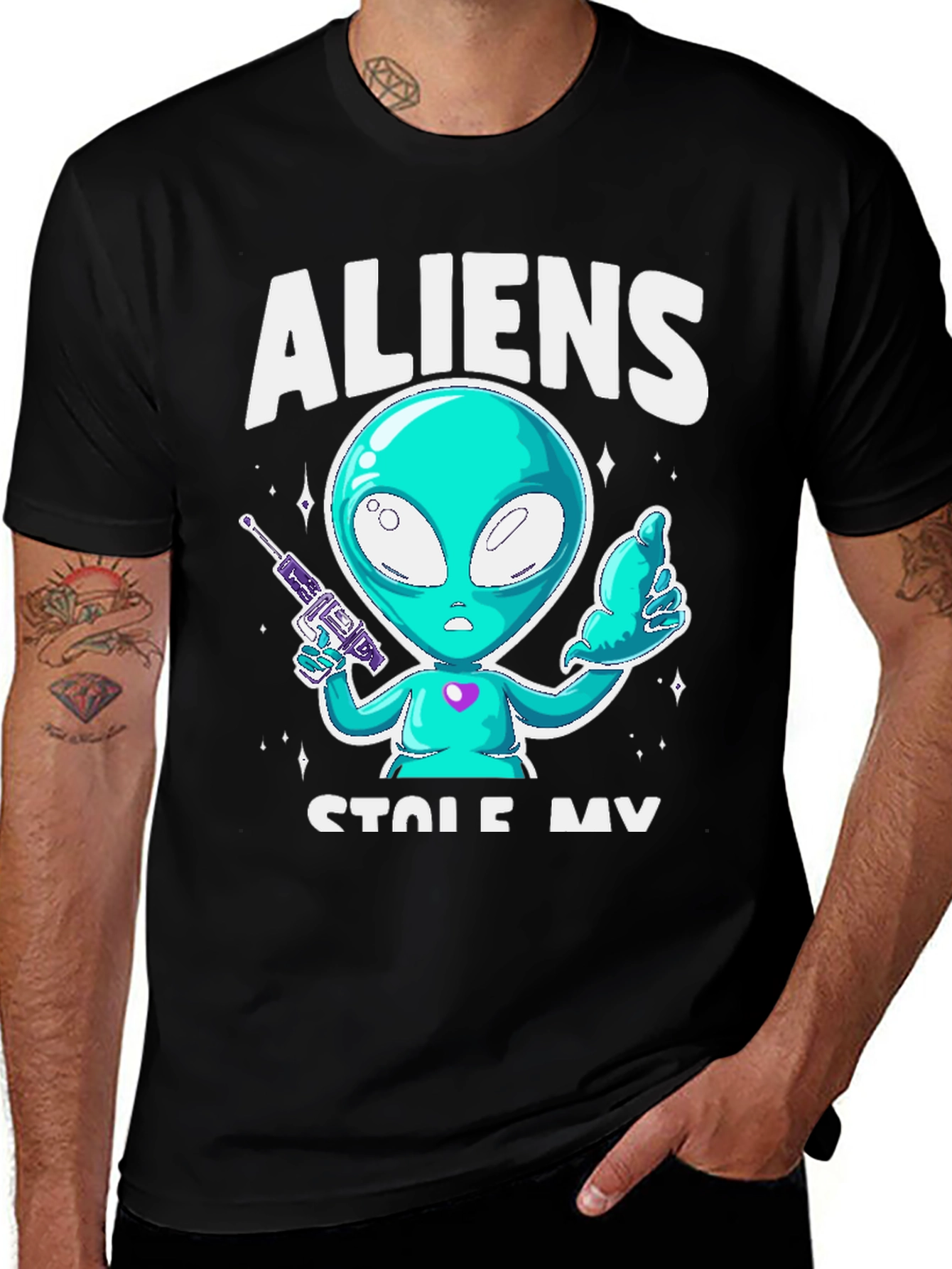 Variant 17 of Aliens Stole My Sock T-Shirt - Black Cotton Tee