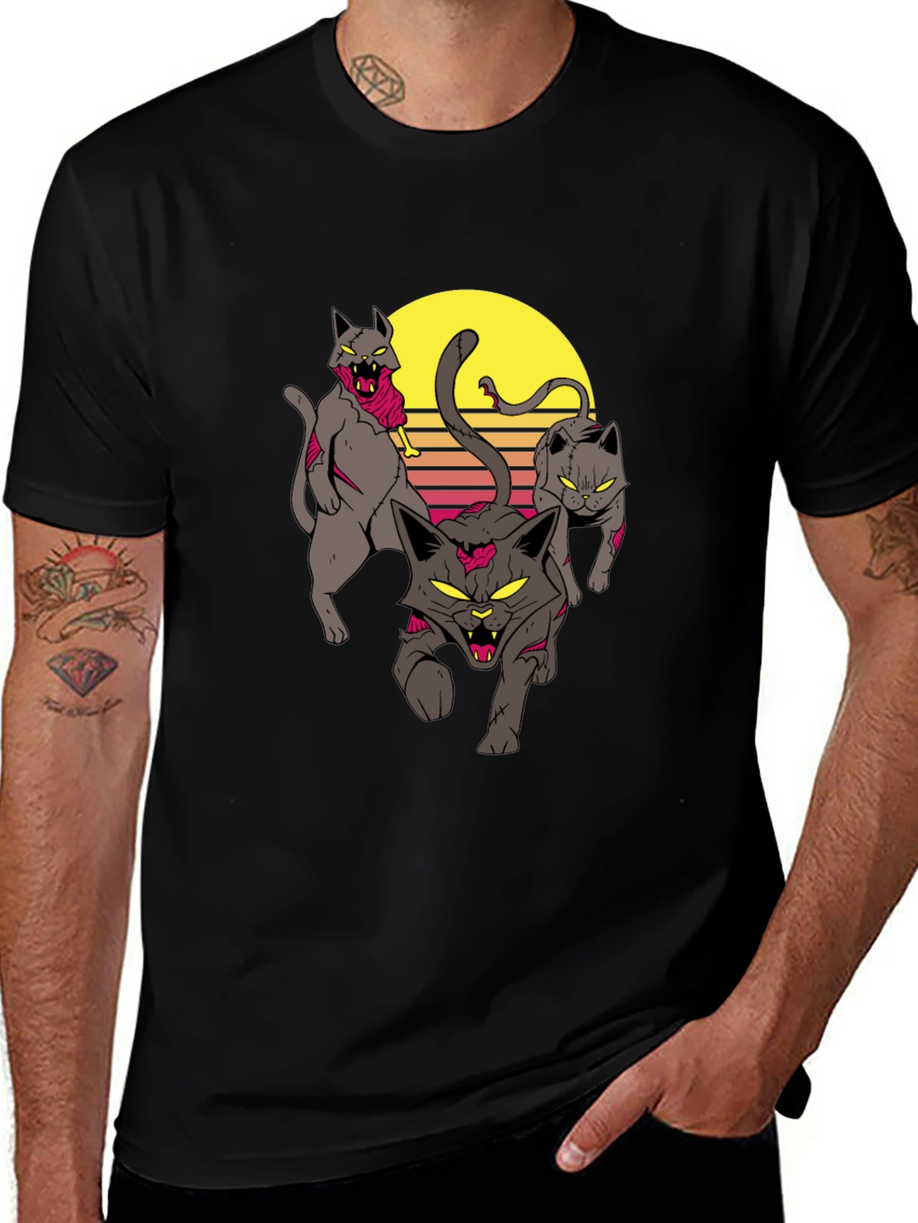Variant 28 of Zombie Cats Graphic Tee - Retro Sunset Style