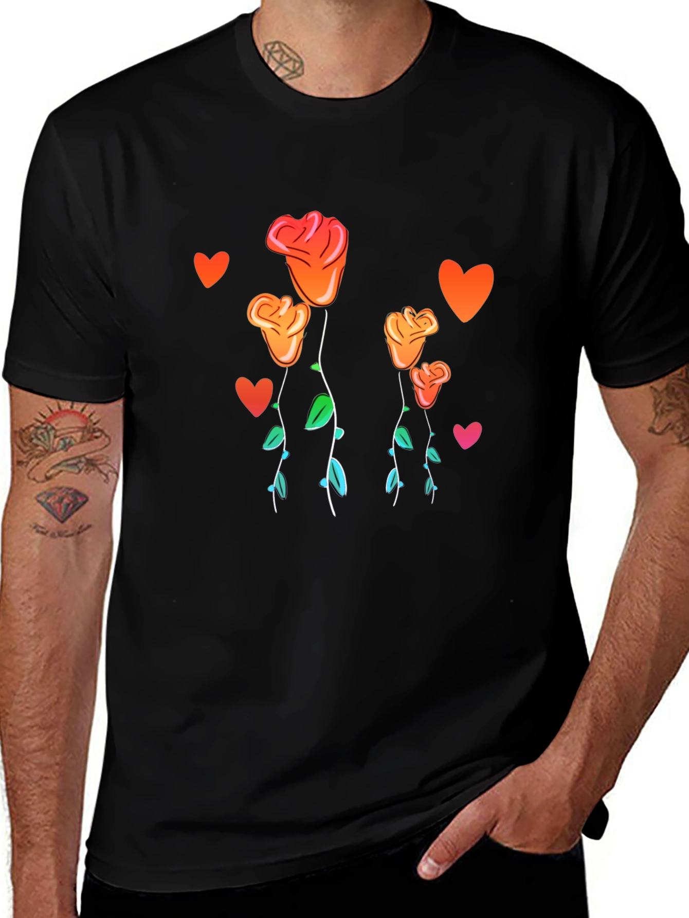 Variant 15 of Floral Roses and Hearts Graphic Print Black T-Shirt