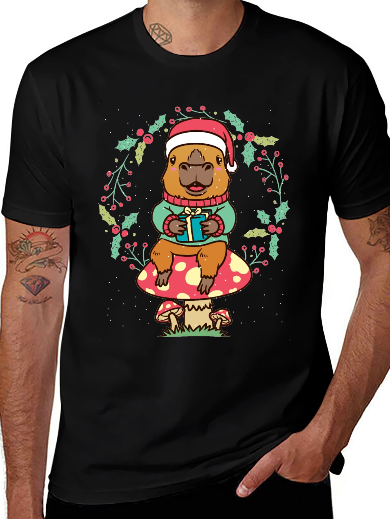 Black Festive Capybara Christmas T-Shirt main image