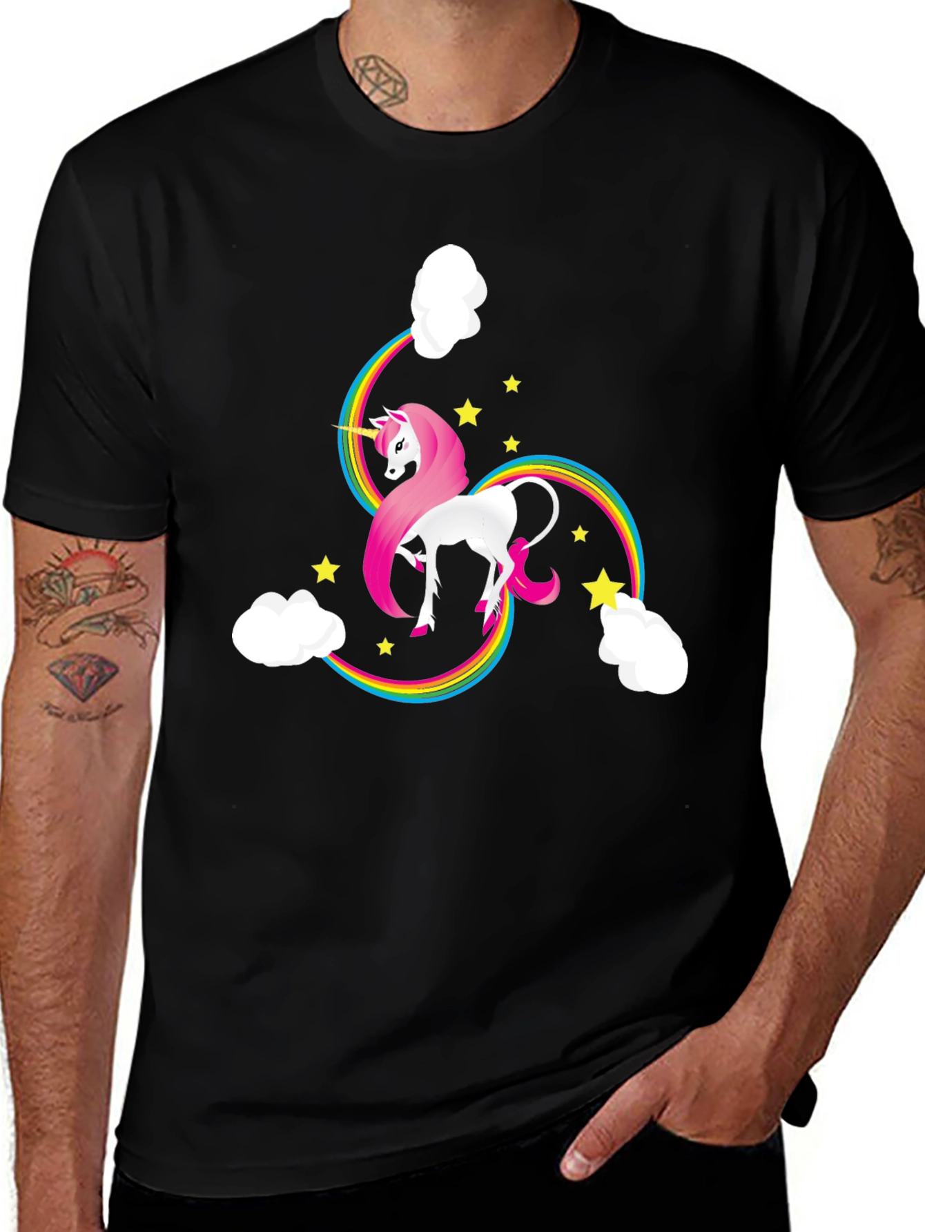 Unicorn Rainbow Stars Graphic Tee - Black Cotton T-Shirt