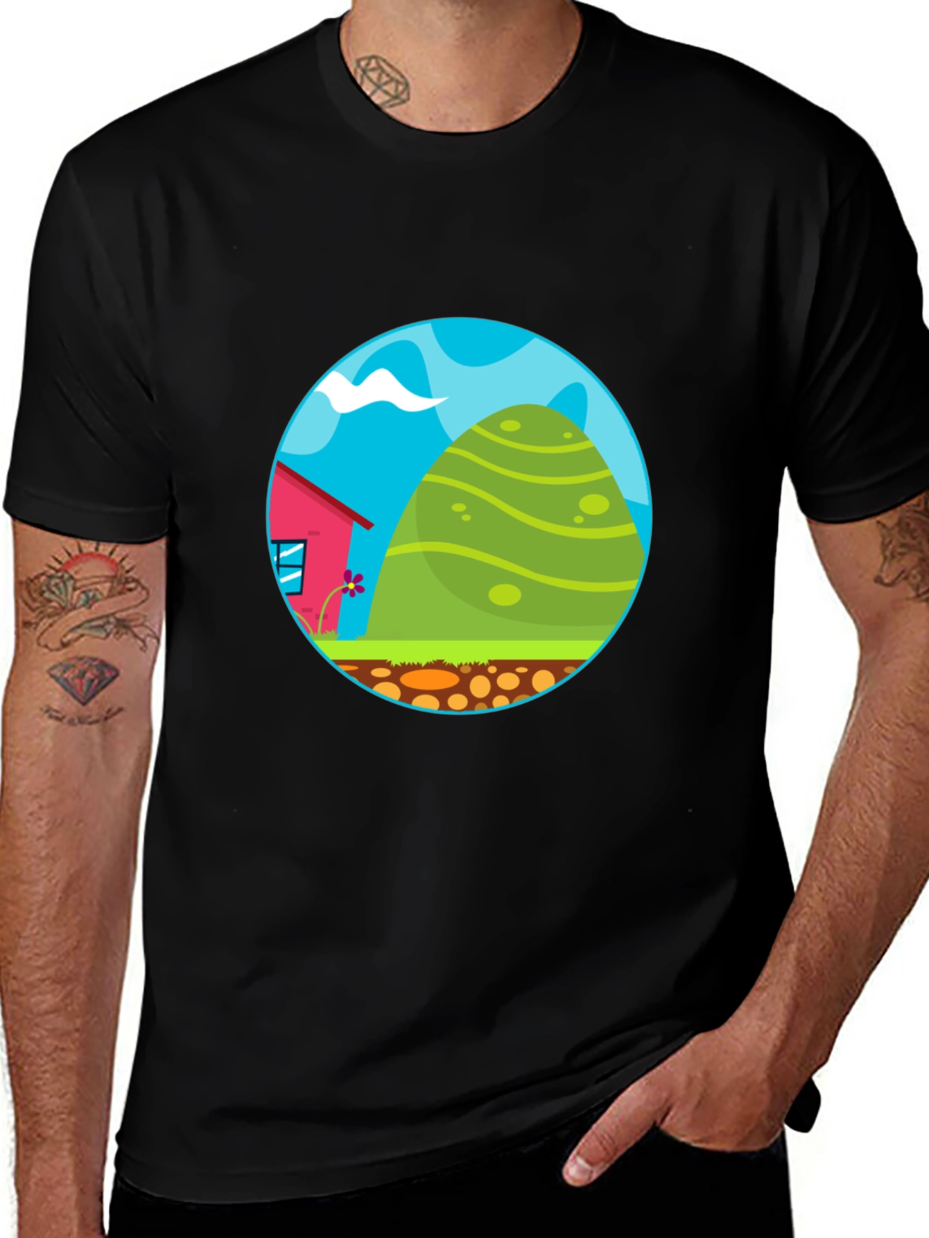Cartoon Landscape Graphic Print Black T-Shirt