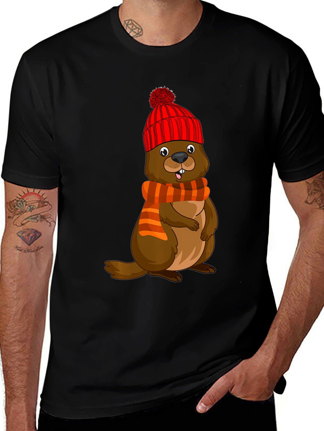Variant 23 of Cartoon Beaver in Winter Hat T-Shirt