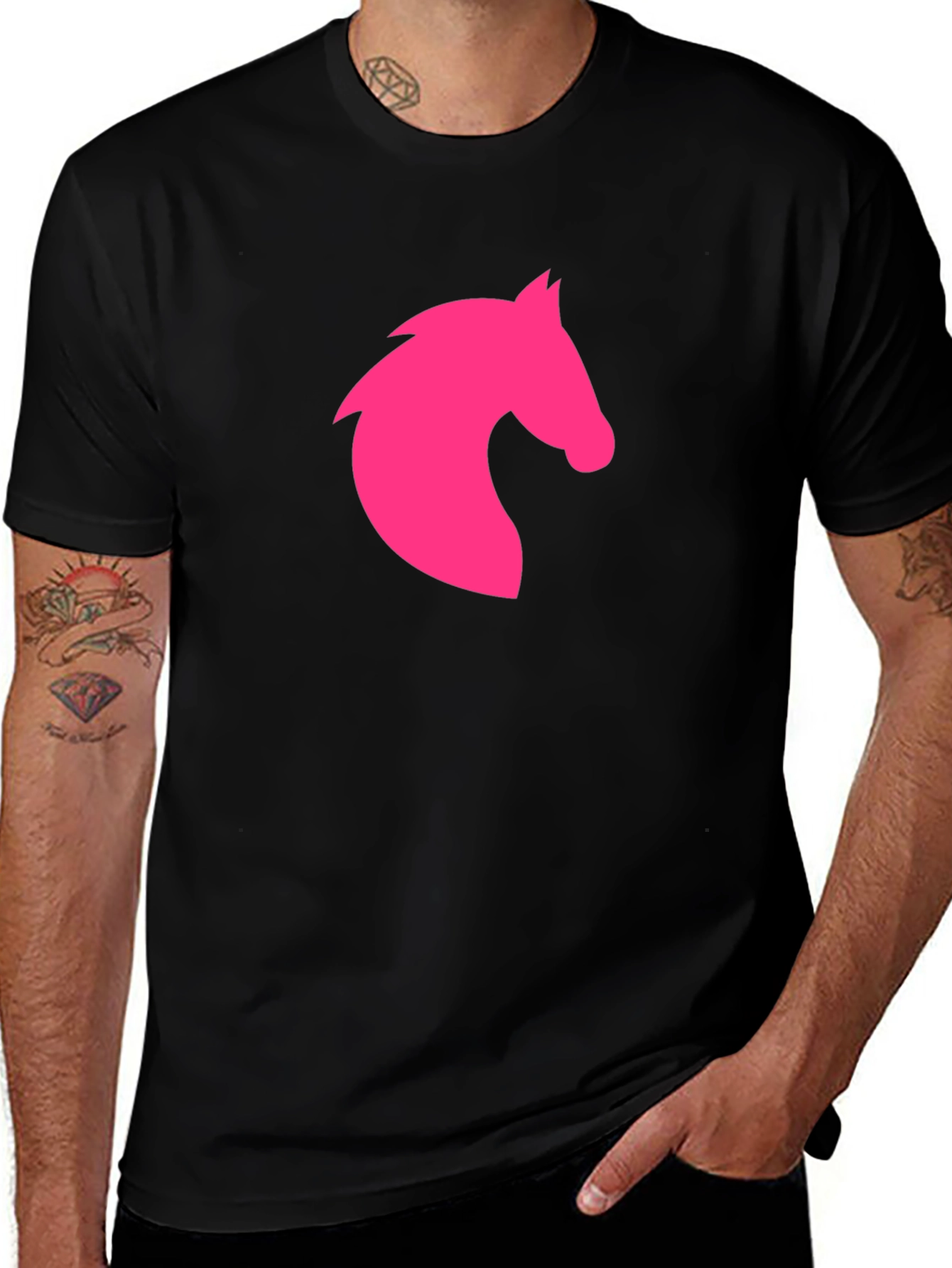 Black T-Shirt with Pink Horse Graphic
