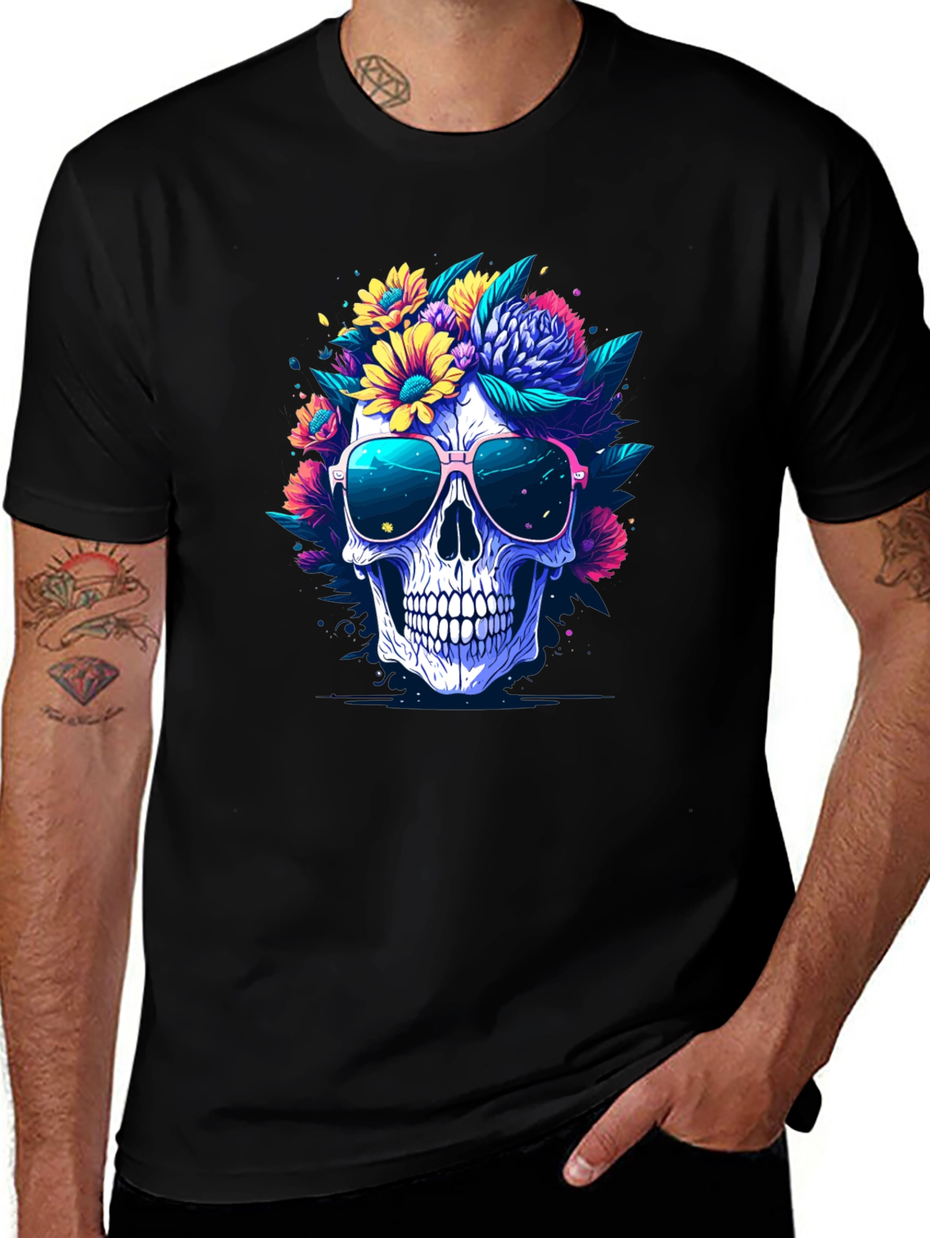 Variant 13 of Floral Skull Graphic Tee - Men's Black T-Shirt