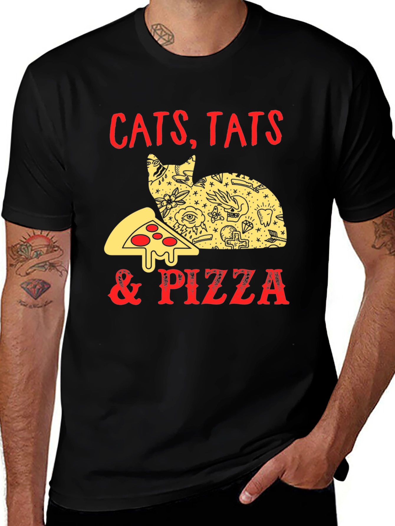 Variant 4 of Cats, Tats & Pizza T-Shirt - Black Graphic Tee