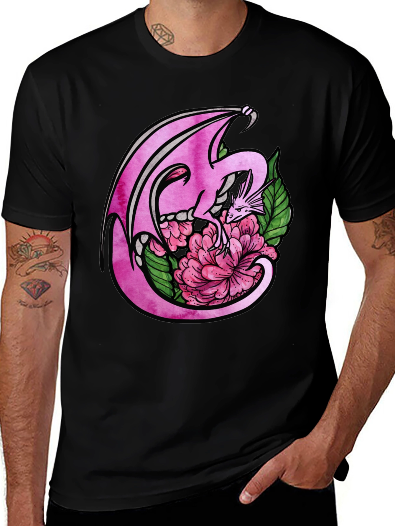 Variant 8 of Pink Dragon and Flower Black T-Shirt