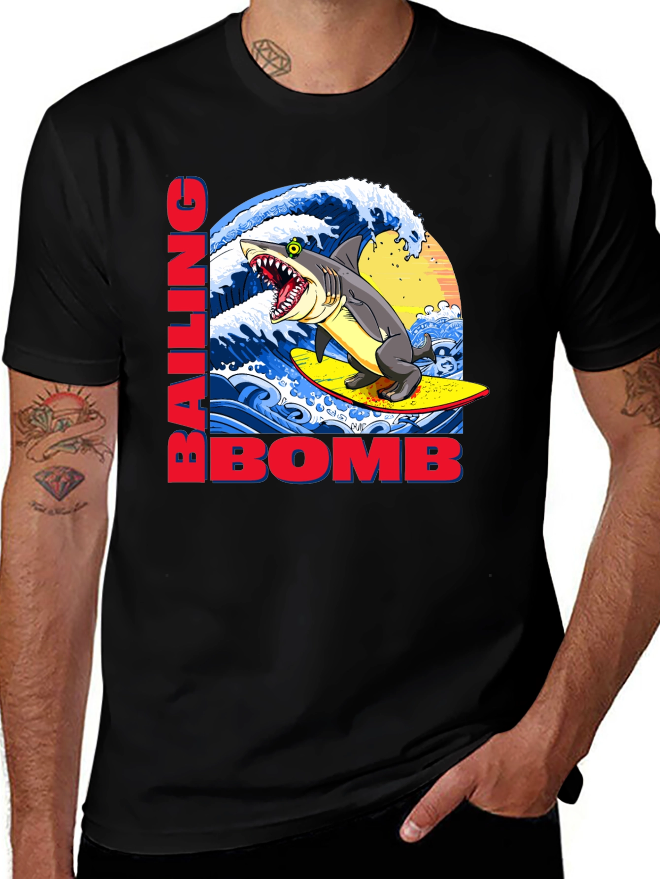 Variant 10 of Surfing Shark Graphic Tee - "Bailing Bomb" Design