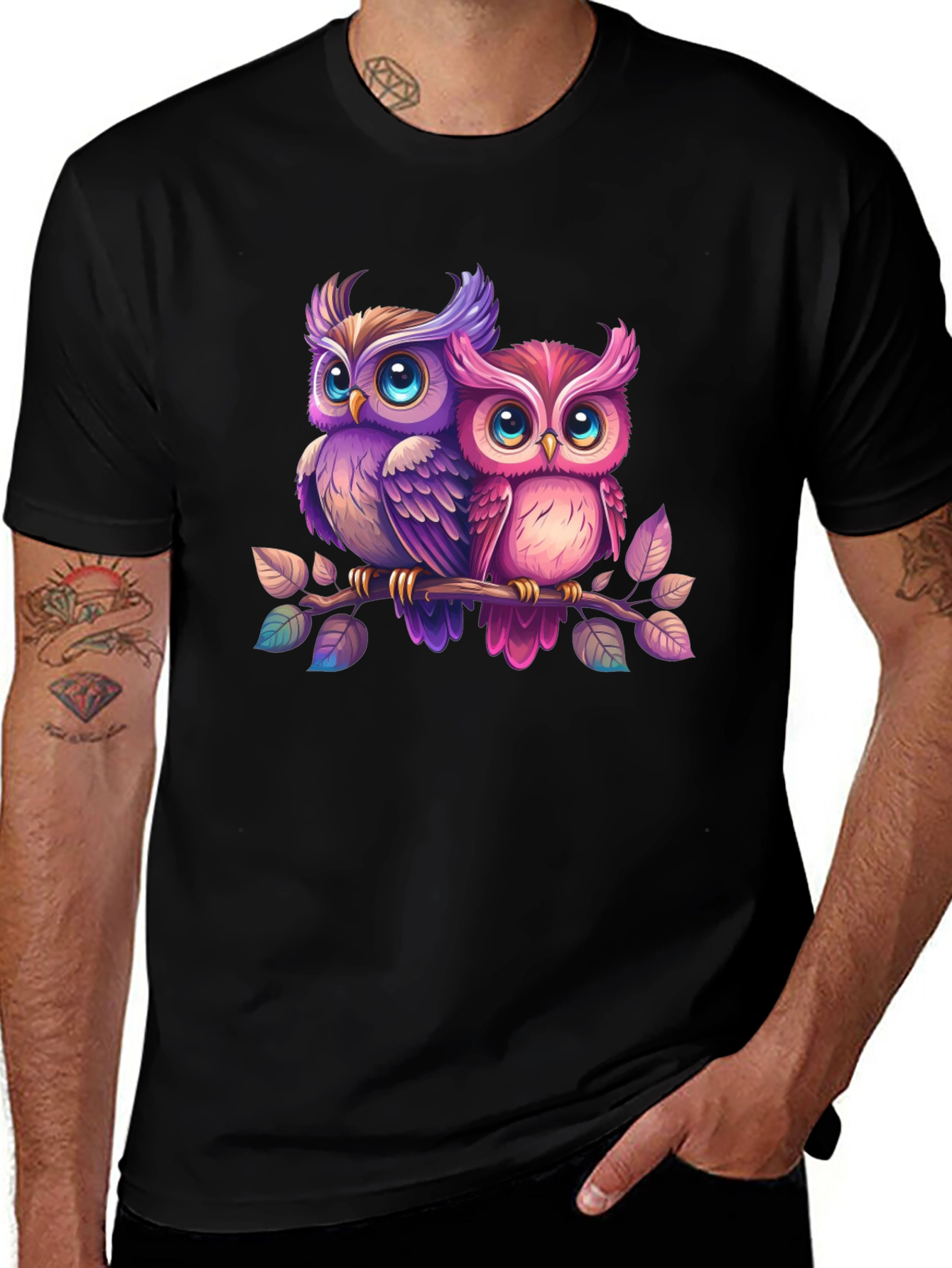 Cute Owl Couple T-Shirt - Black Cotton Tee