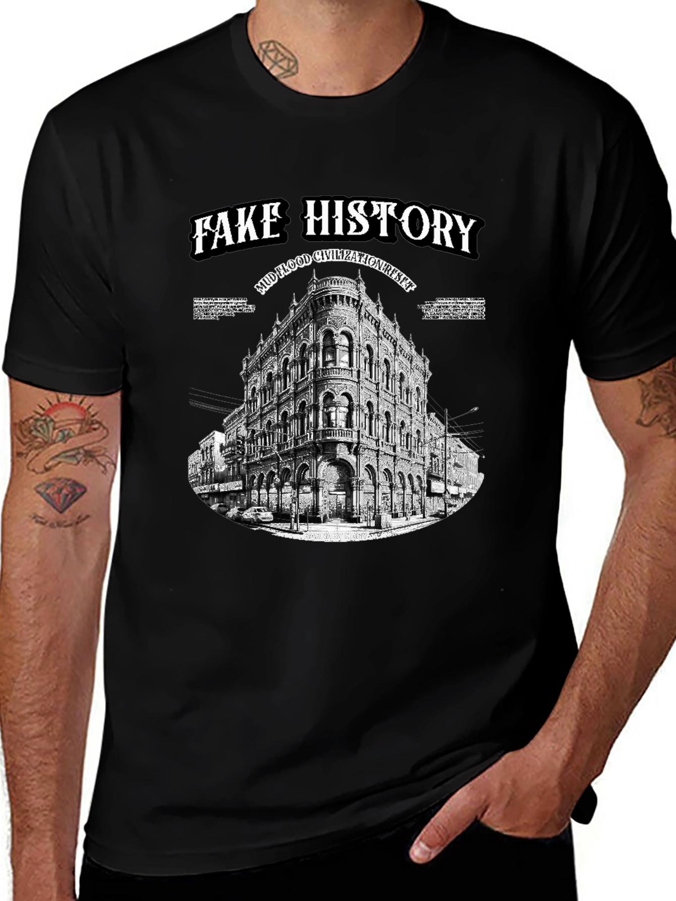 Variant 15 of Fake History Building Graphic Black T-Shirt