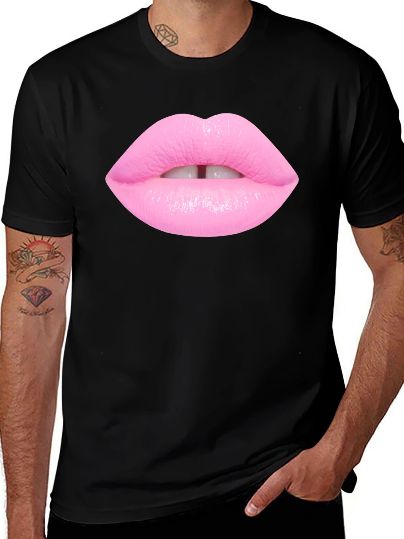 Variant 7 of Pink Lips Graphic Print Black T-Shirt