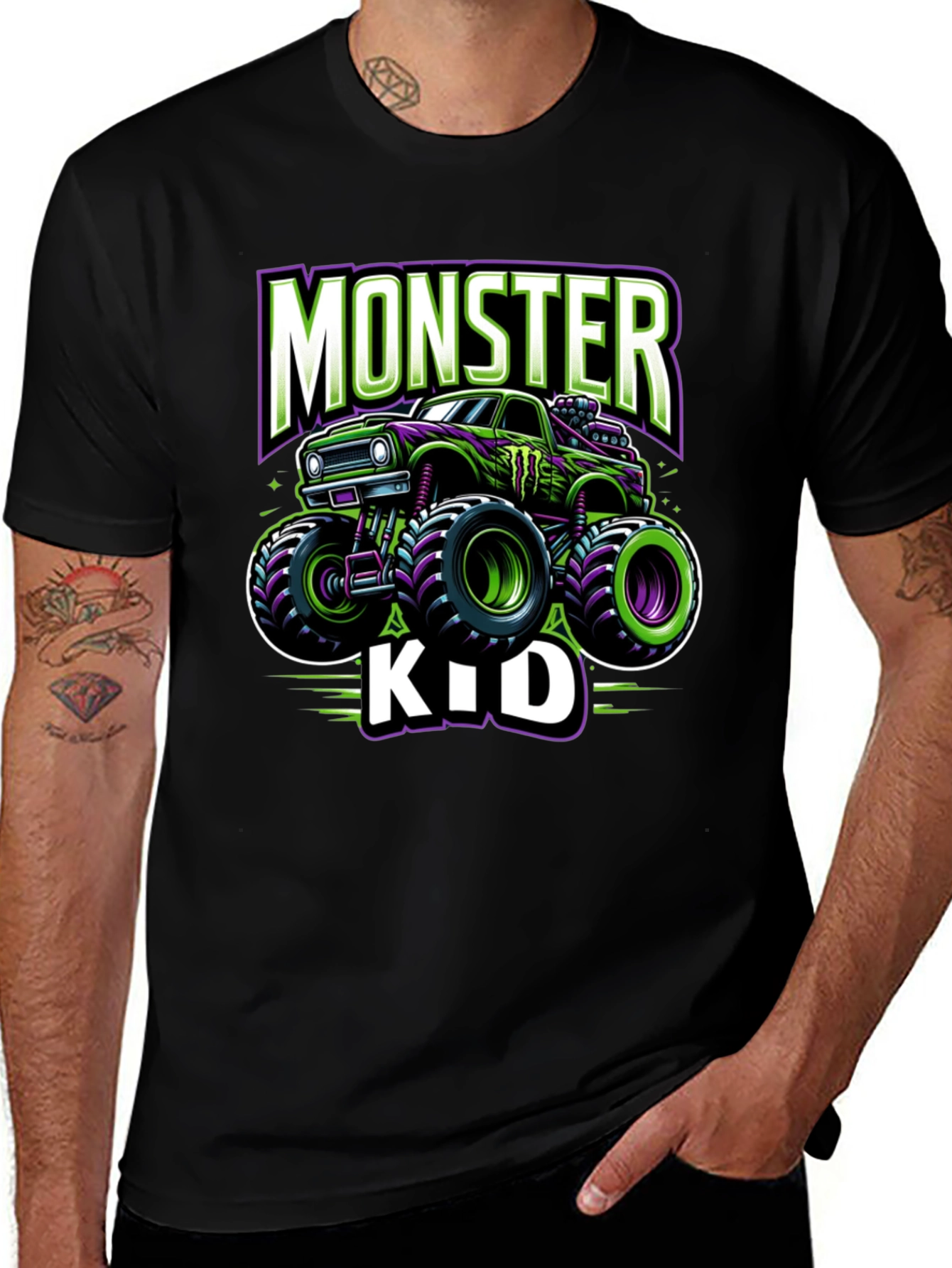 Variant 23 of Monster Truck Kid's T-Shirt - Green and Purple Design