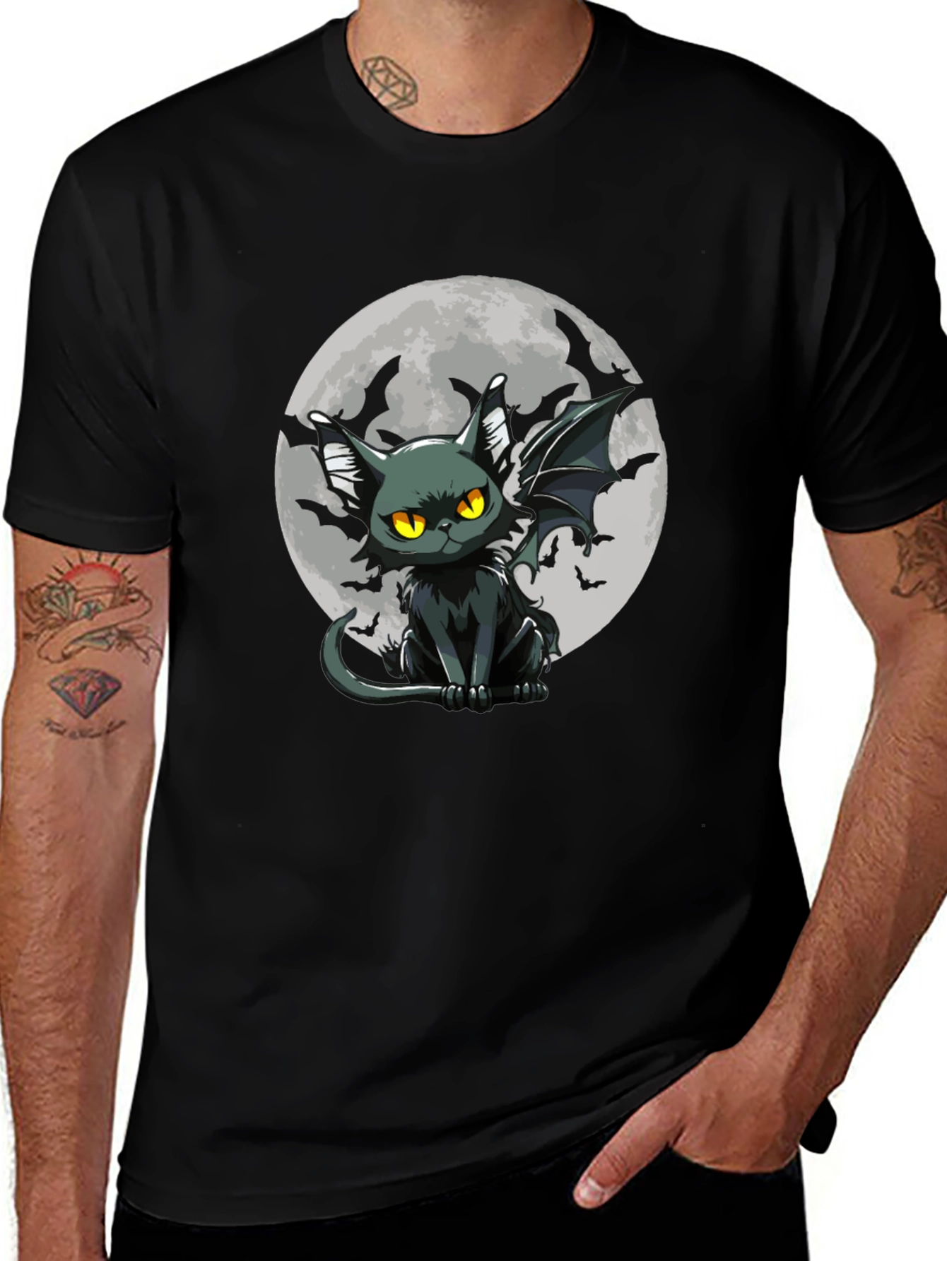 Variant 21 of Bat Cat Moon Graphic Black T-Shirt