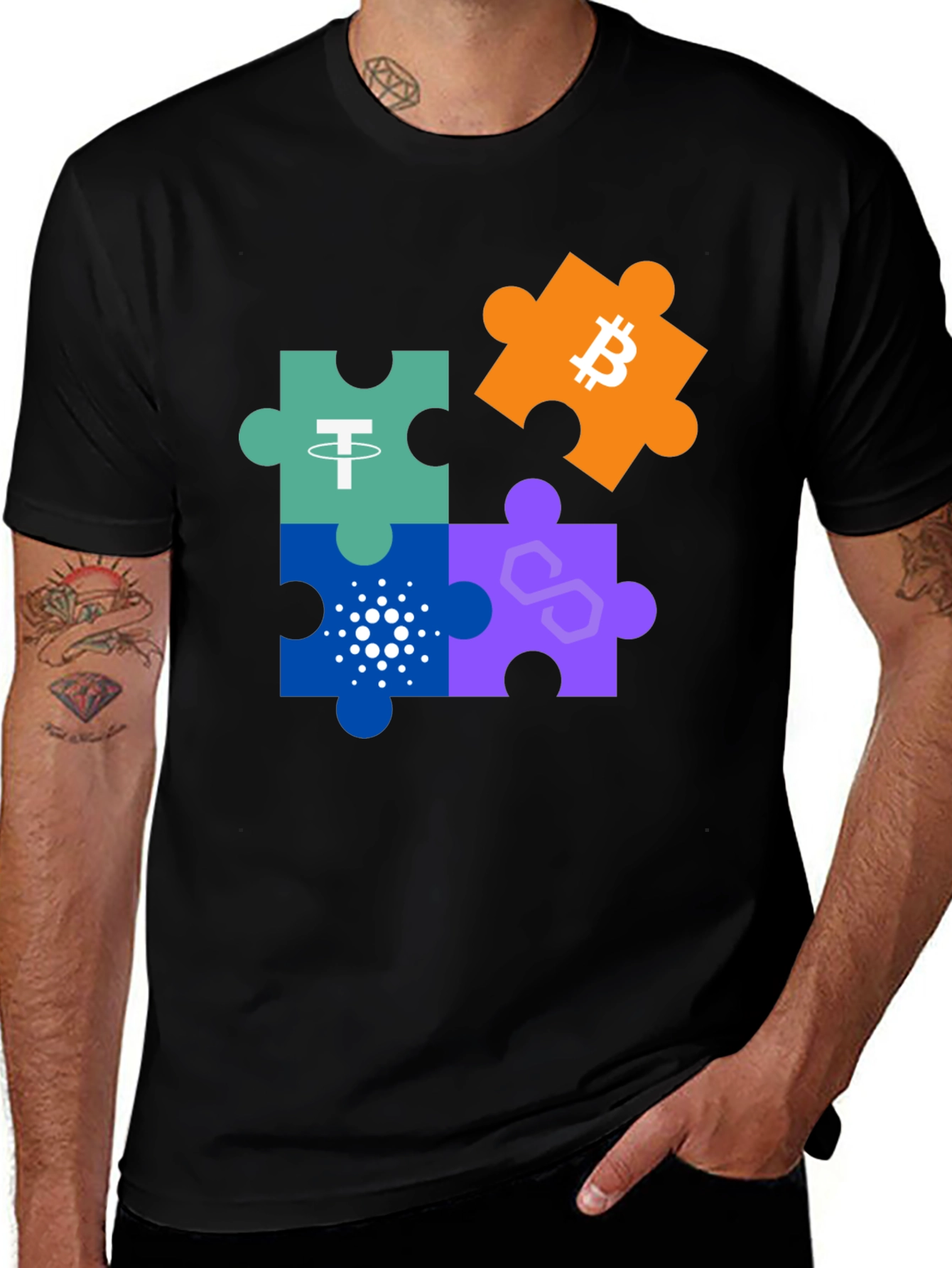 Crypto Puzzle Piece Graphic Tee - Bitcoin, Cardano, Tether, Polygon