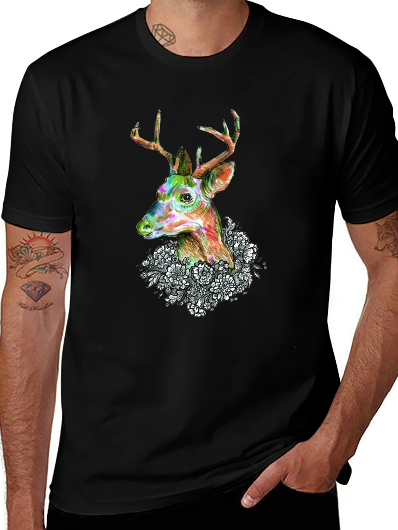 Variant 23 of Deer Floral Graphic Black T-Shirt