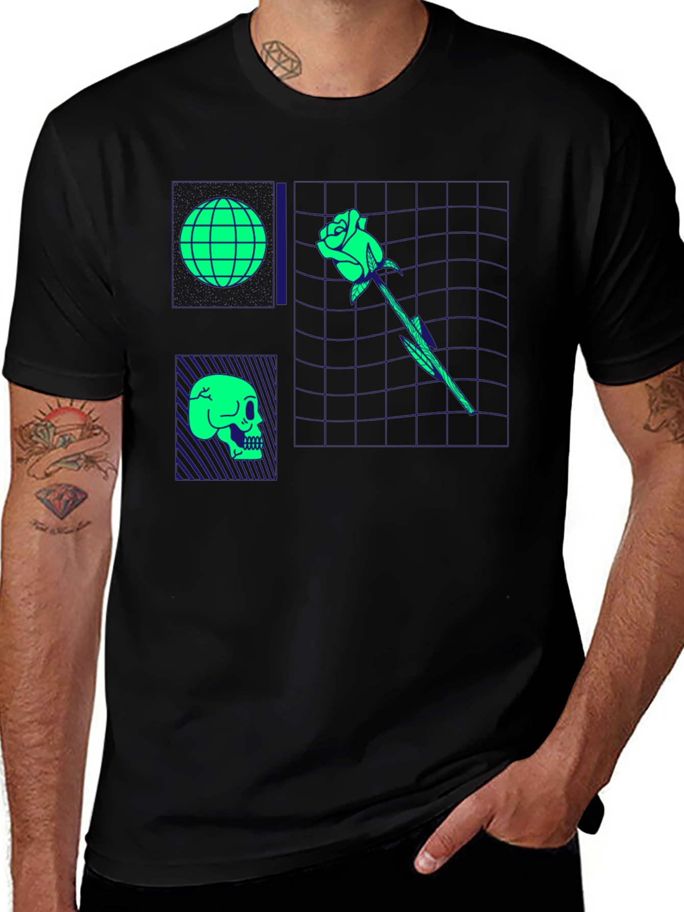Variant 26 of Retro Synthwave Graphic T-Shirt - Skull, Rose, Globe Design