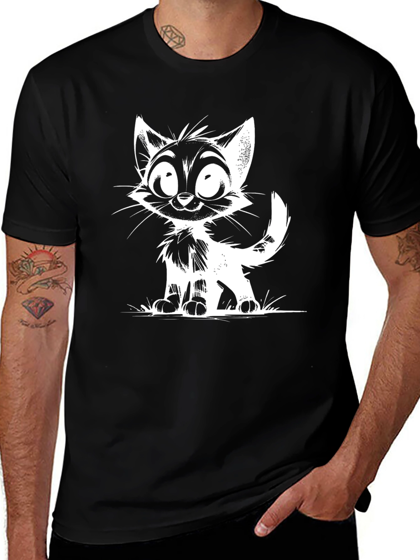 Variant 23 of Cartoon Cat Graphic Black T-Shirt