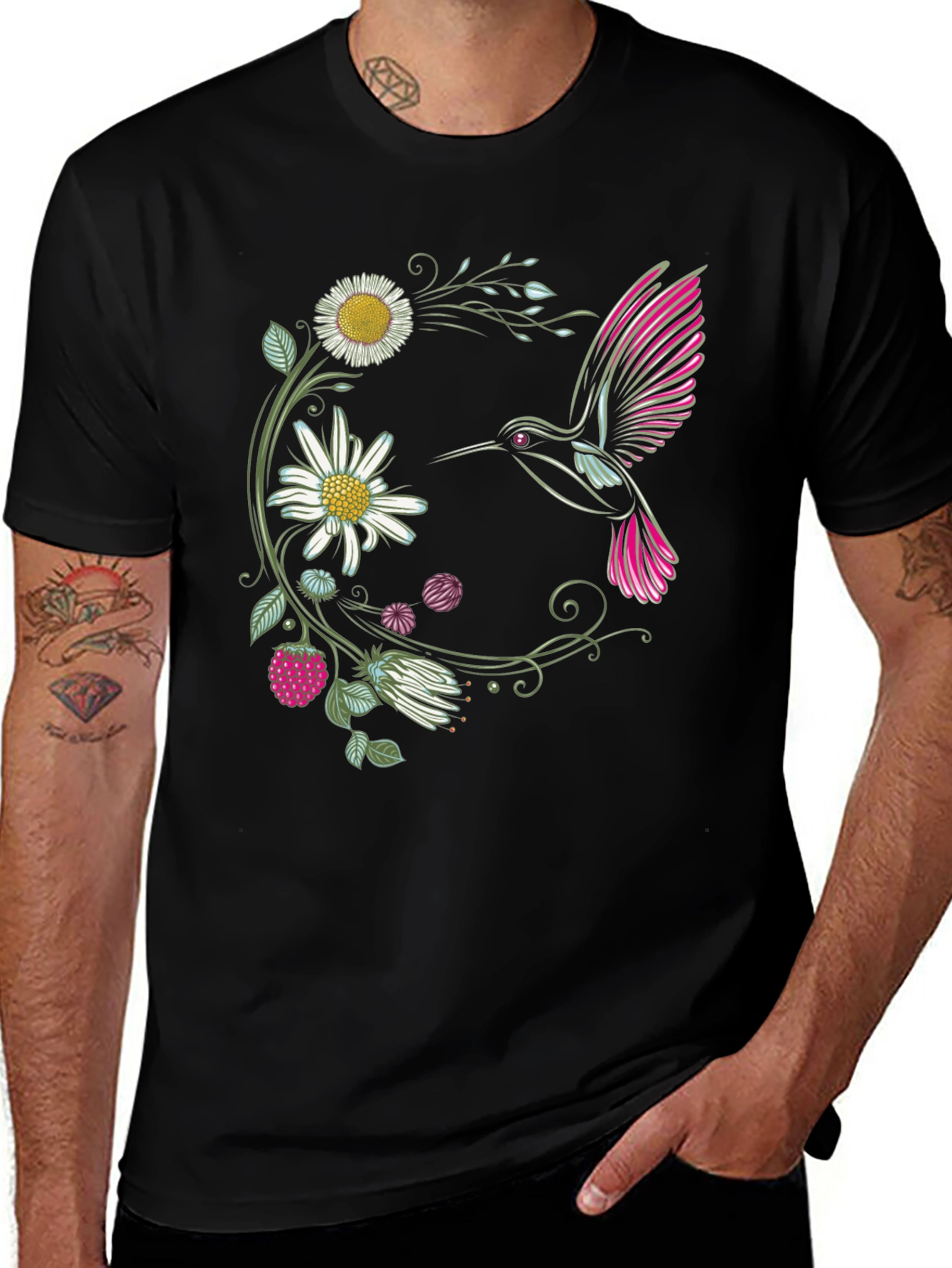 Variant 10 of Hummingbird Floral Graphic Print Black T-Shirt