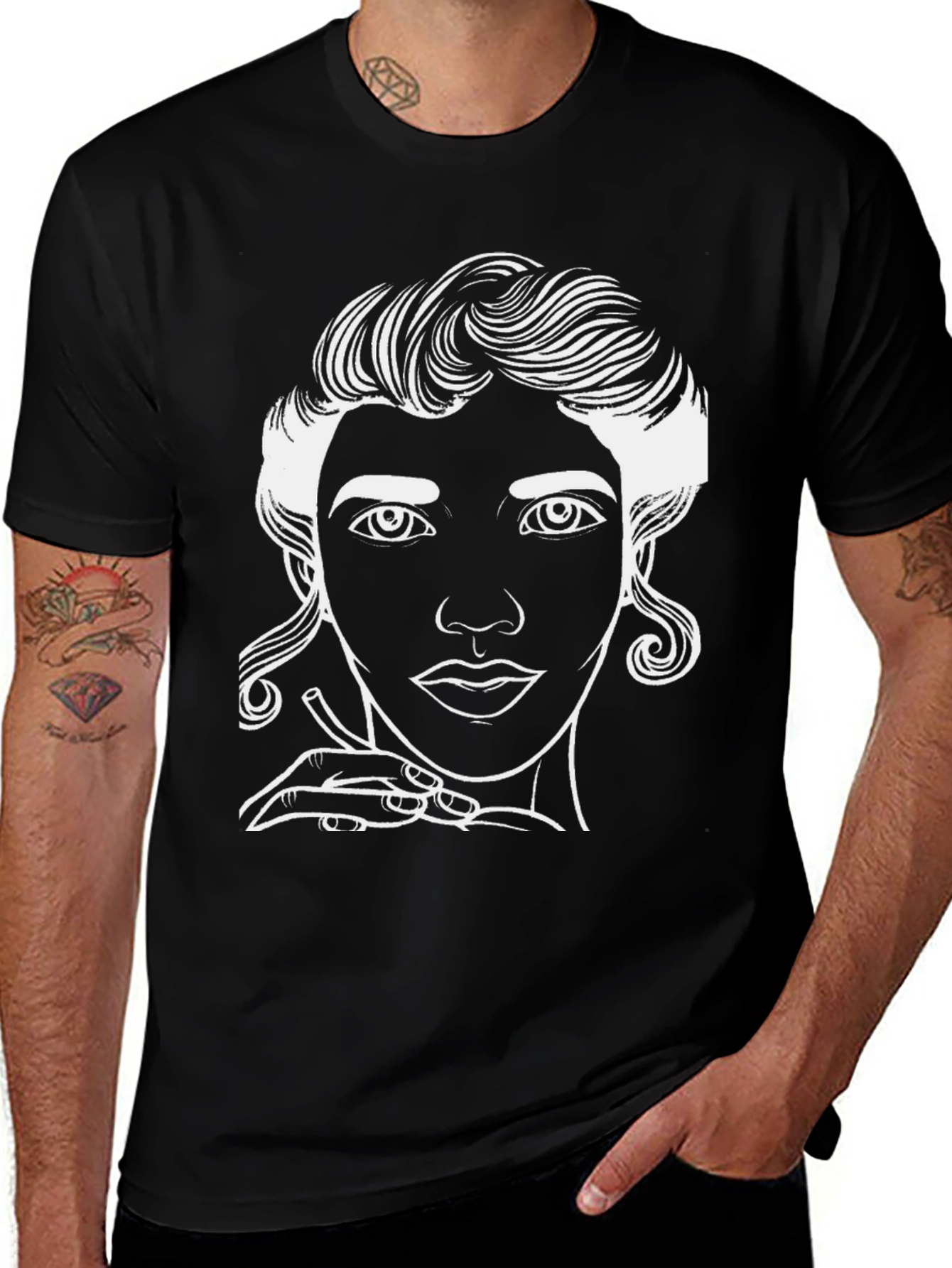 Line Art Portrait Graphic Black T-Shirt